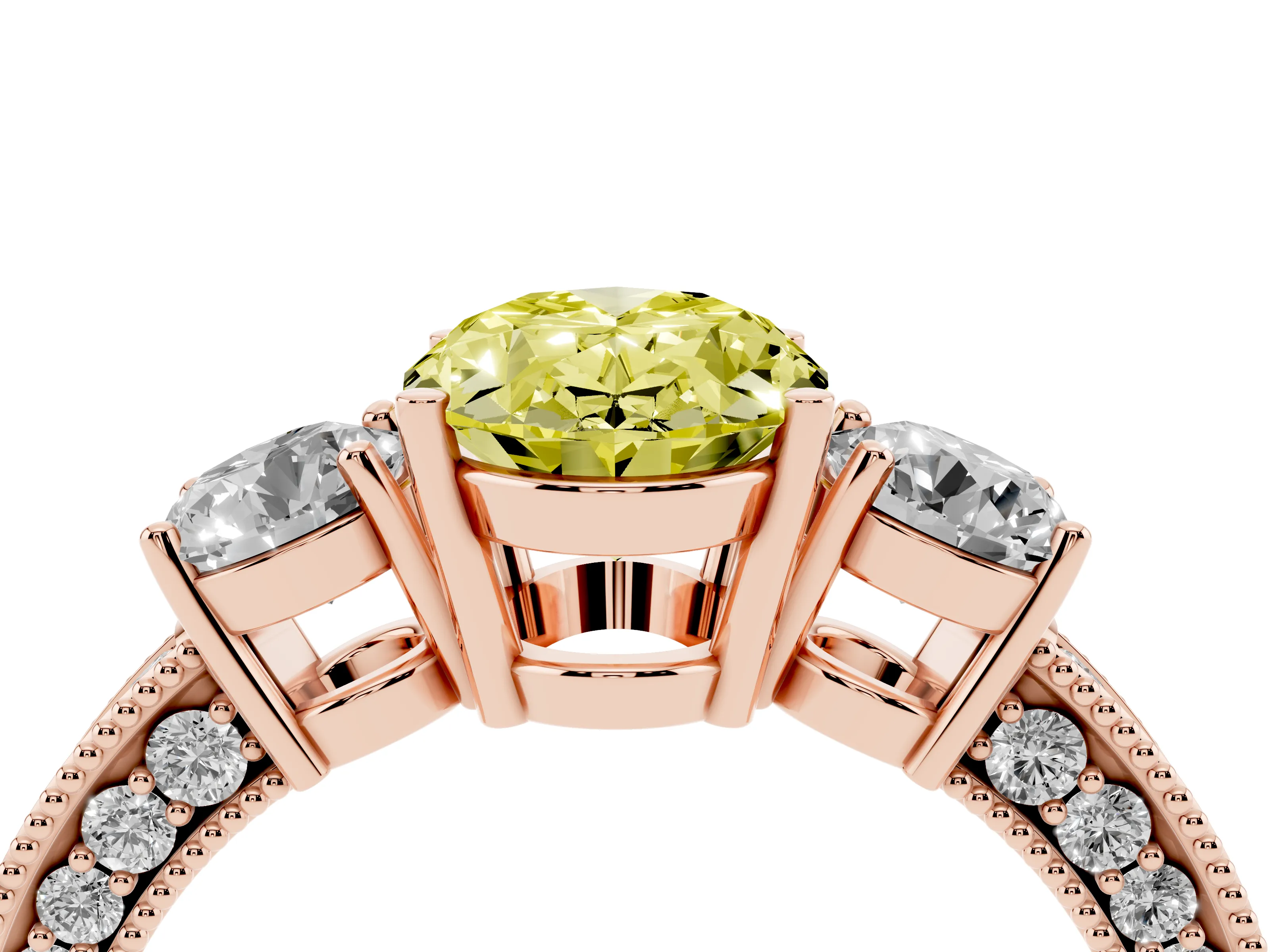Fancy Yellow Oval Cut Diamond Three-Stone Ring Set in Rose gold with Round Side Stones and Pavé Band