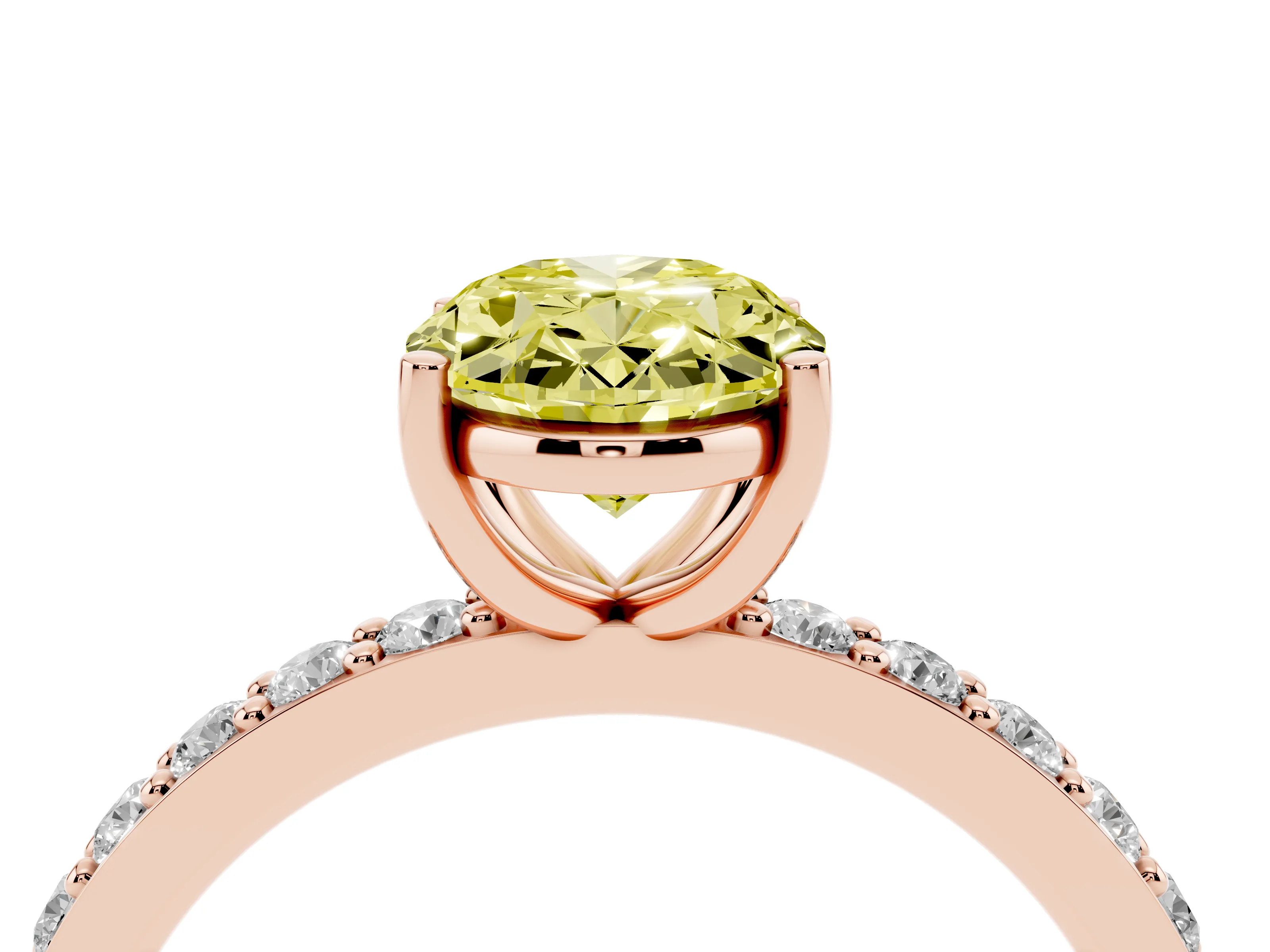 Fancy Yellow Oval Cut Diamond Solitaire Set in Rose gold with Round Pavé Band and Prong Setting