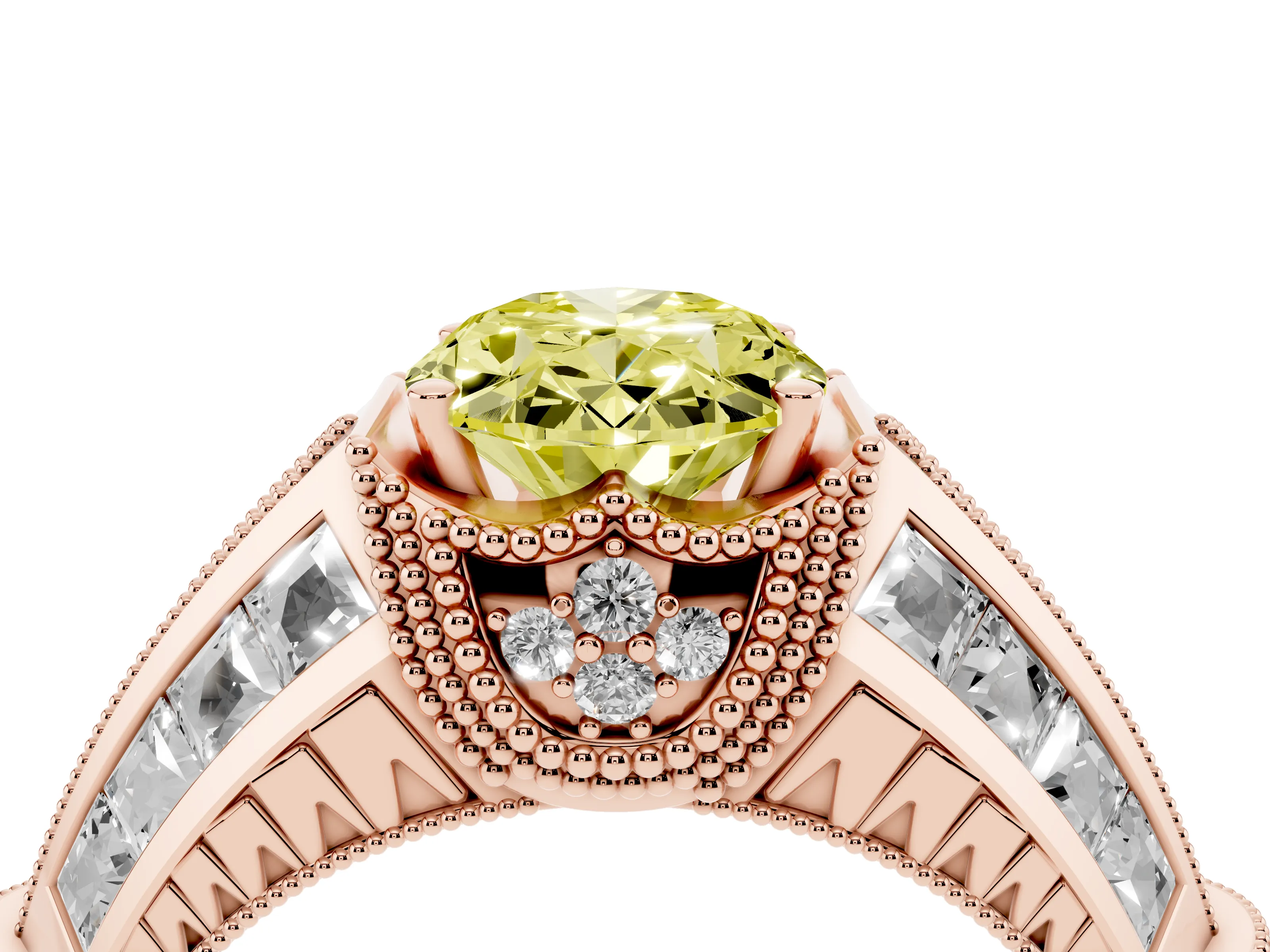Fancy Yellow Oval Cut Diamond Vintage-Inspired Milgrain Ring Set in Rose gold with Accent Split Shank