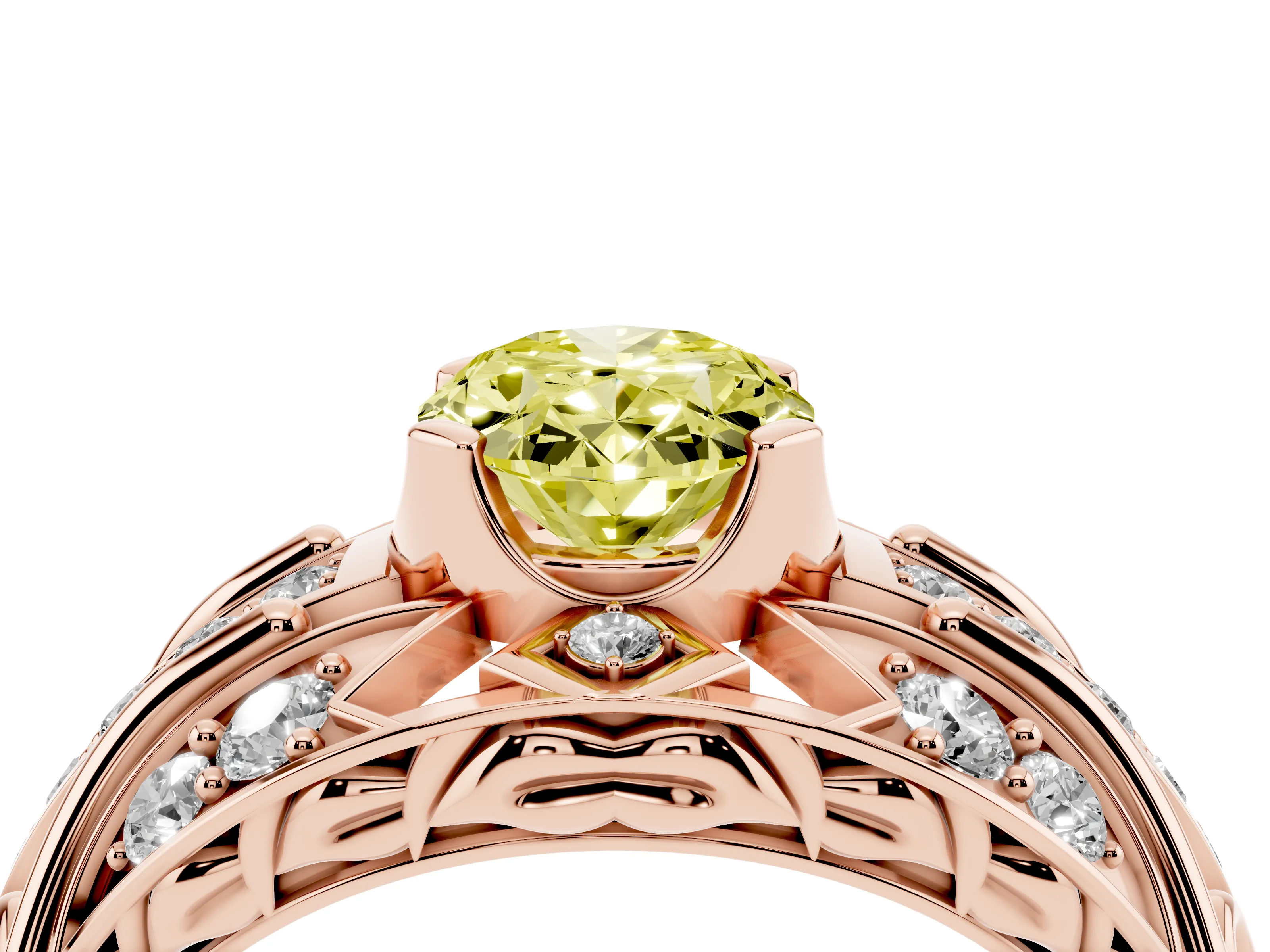 Fancy Yellow Oval Cut Diamond Art Deco Ring Set in Rose gold with Pavé Split Shank