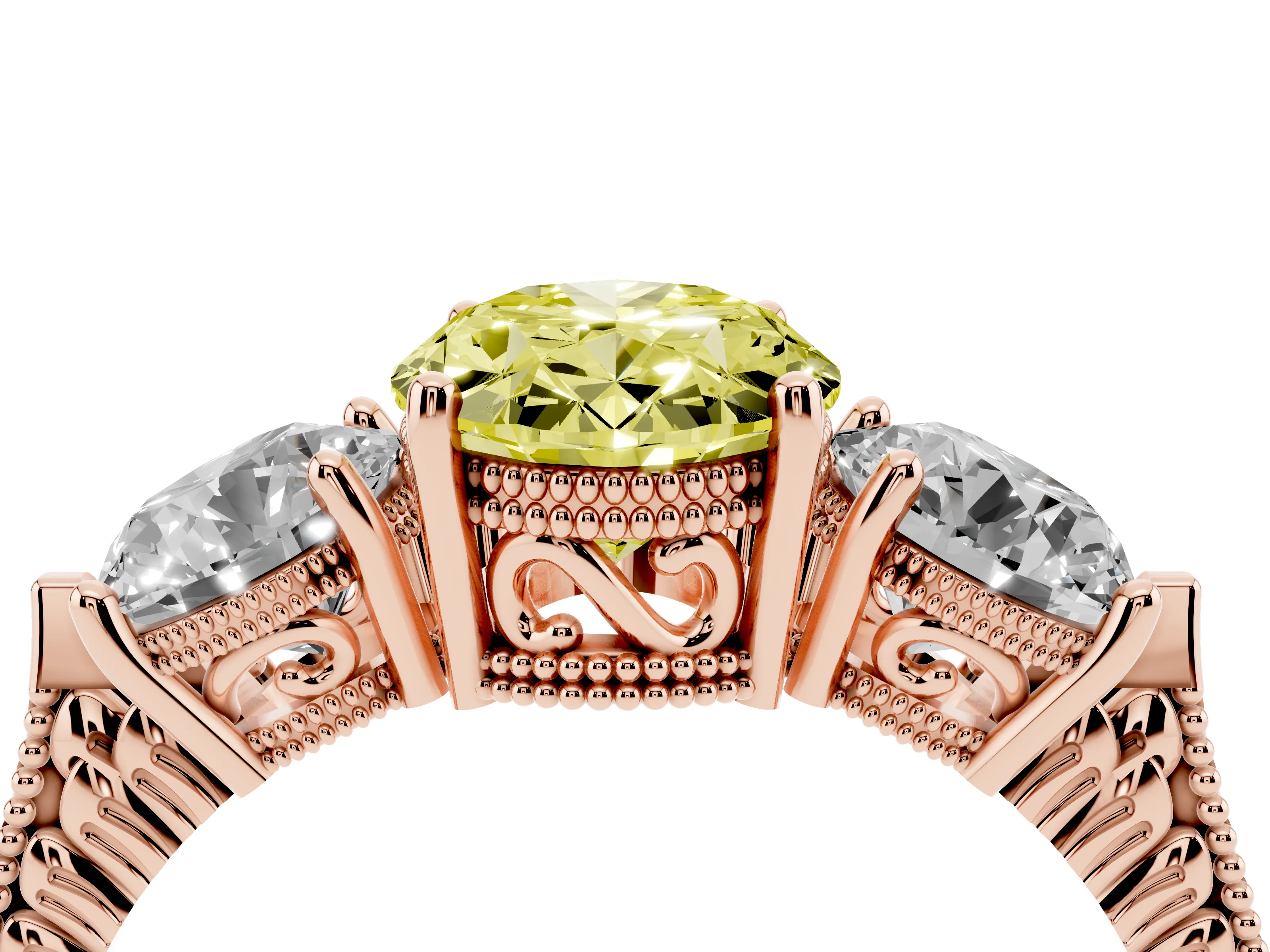 Fancy Yellow Oval Cut Diamond Three-Stone Ring Set in Rose gold with Milgrain Band