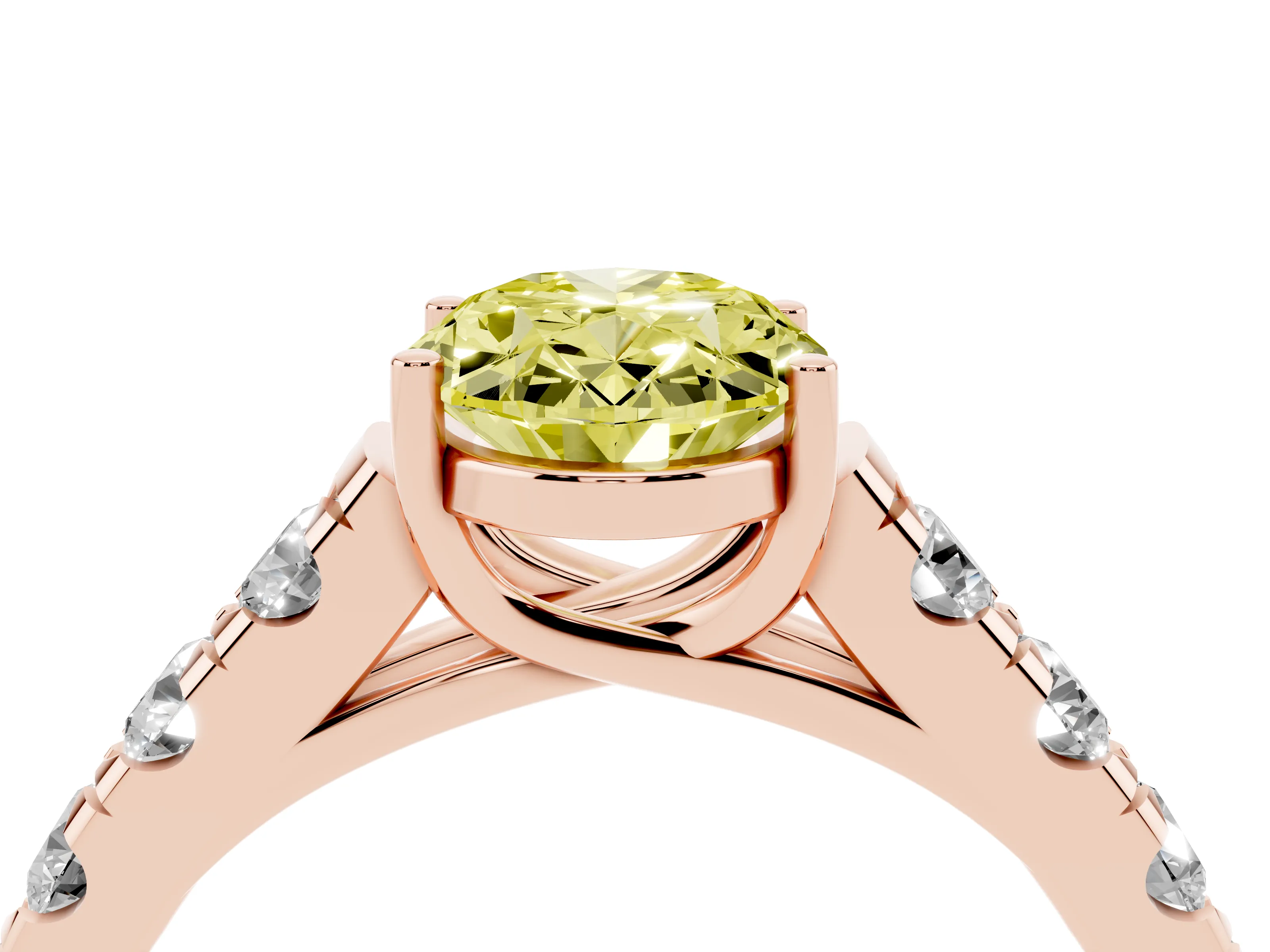Fancy Yellow Oval Cut Diamond Solitaire Ring Set in Rose gold with Cut-Down Micro Pavé Band and Prong Setting