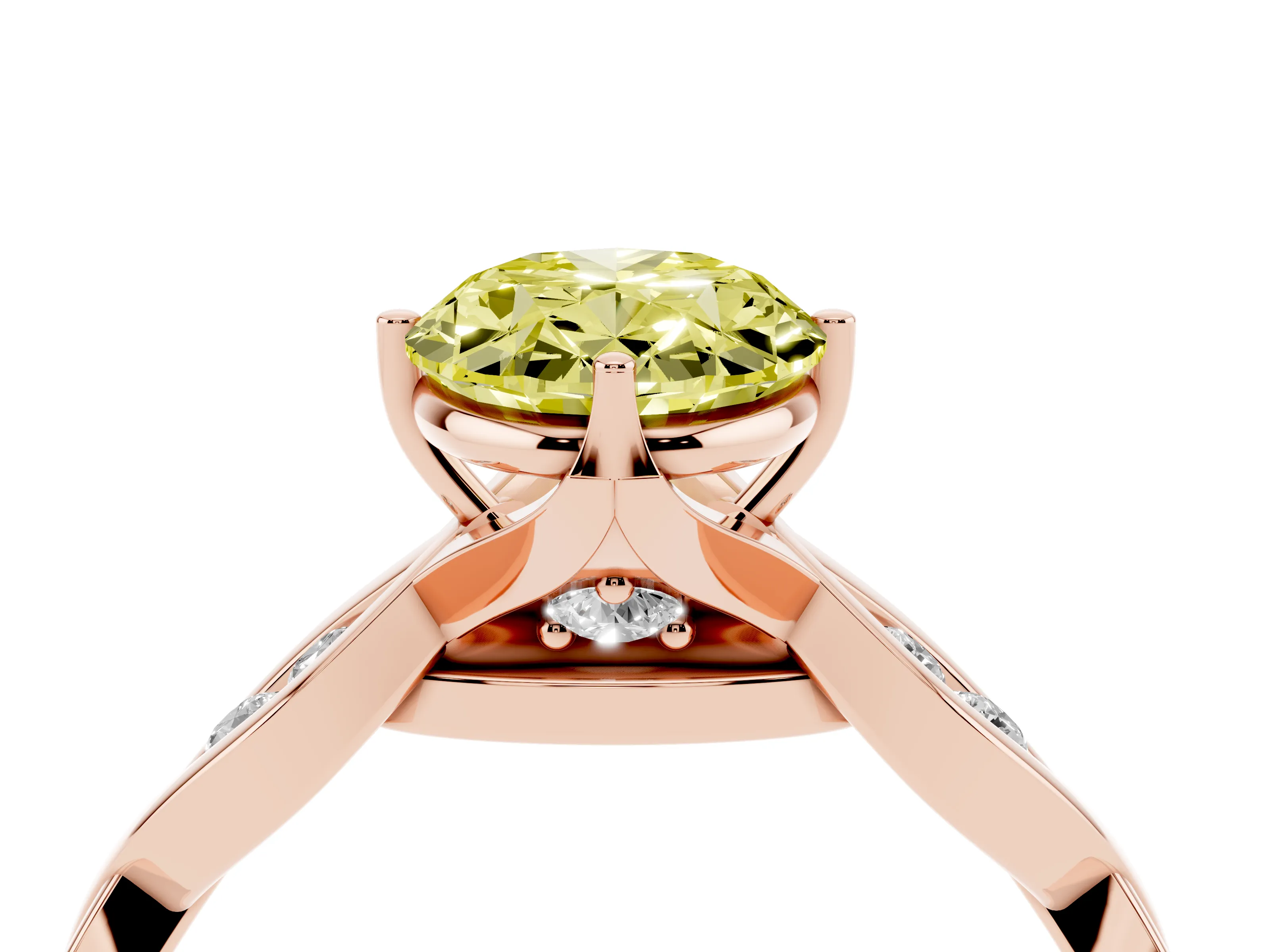 Fancy Yellow Oval Cut Diamond Twist Band Solitaire Ring Set in Rose gold with Leaf Prong Setting and Accent Stones