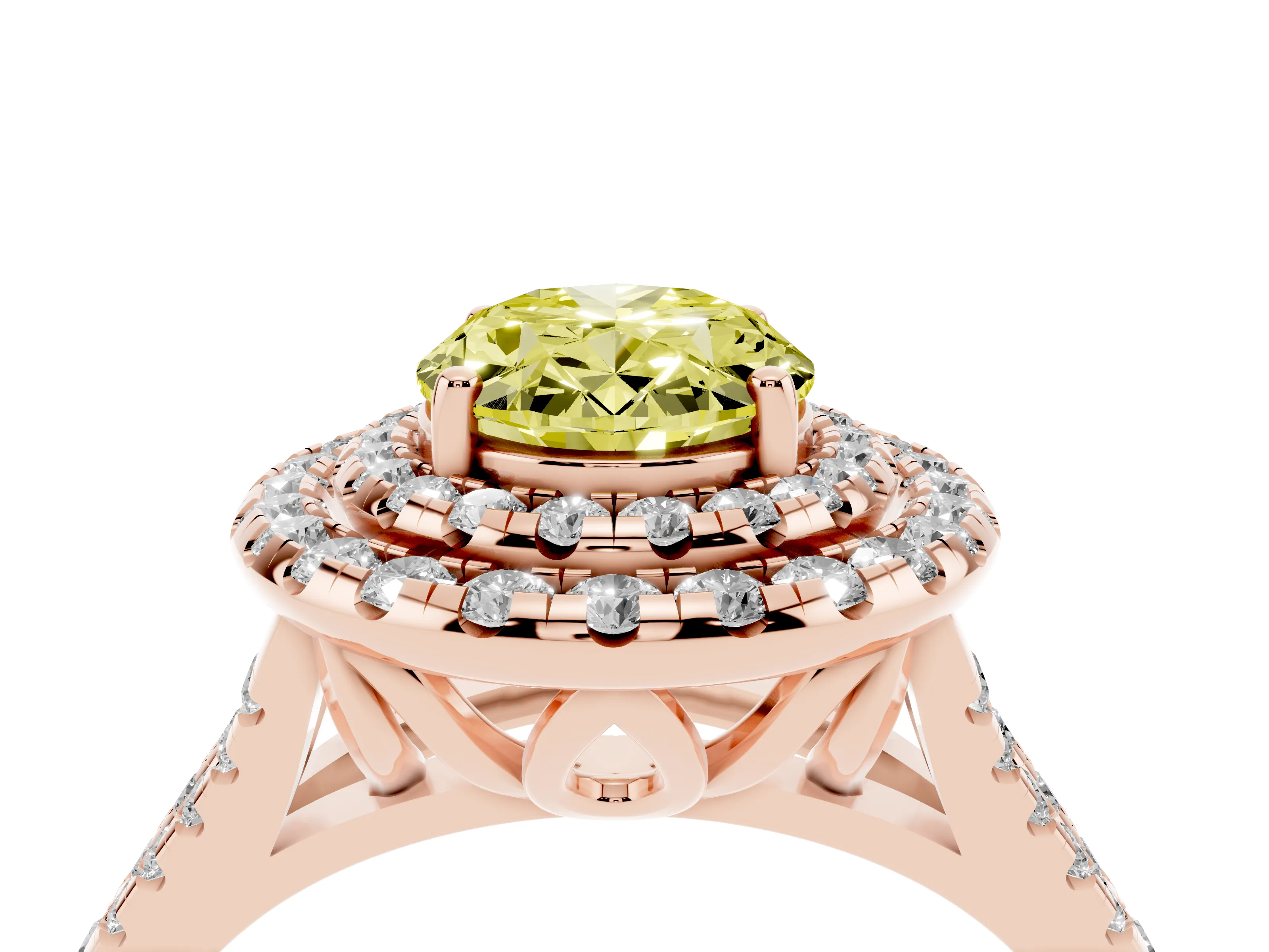 Fancy Yellow Oval Cut Diamond Double Halo Ring Set in Rose gold with Pavé Split Shank and Prong Setting