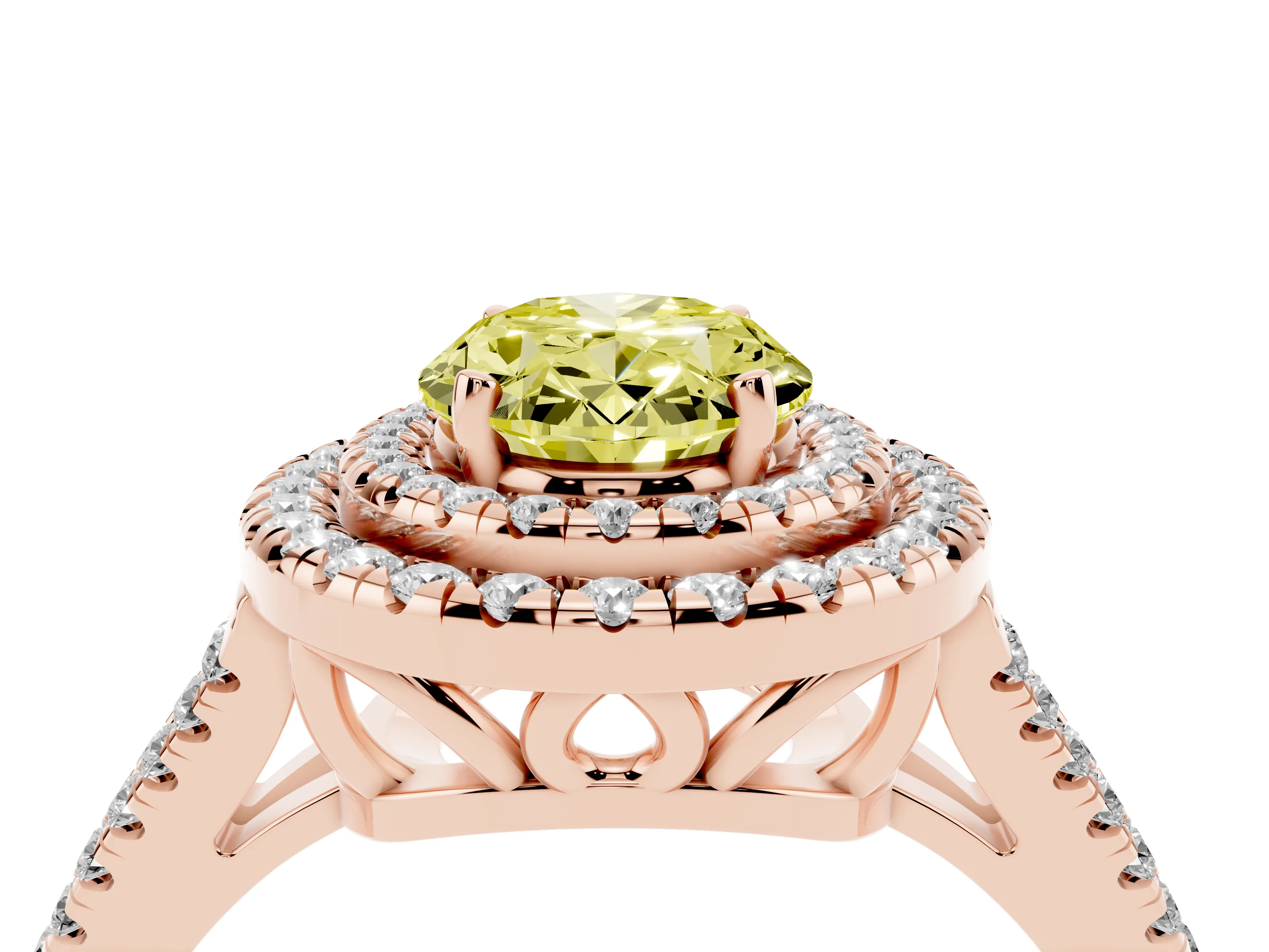 Fancy Yellow Oval Cut Diamond Double Halo Ring Set in Rose gold with Pavé Band