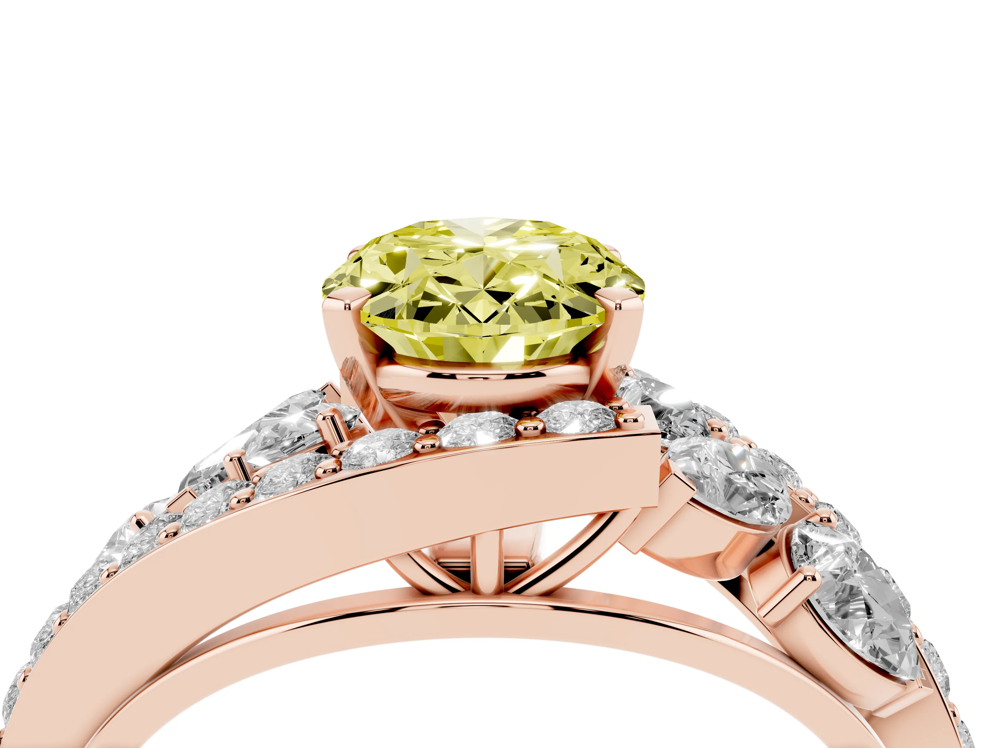 Fancy Yellow Oval Cut Diamond Halo Ring Set in Rose gold with Marquise and Pavé Band in Prong Setting