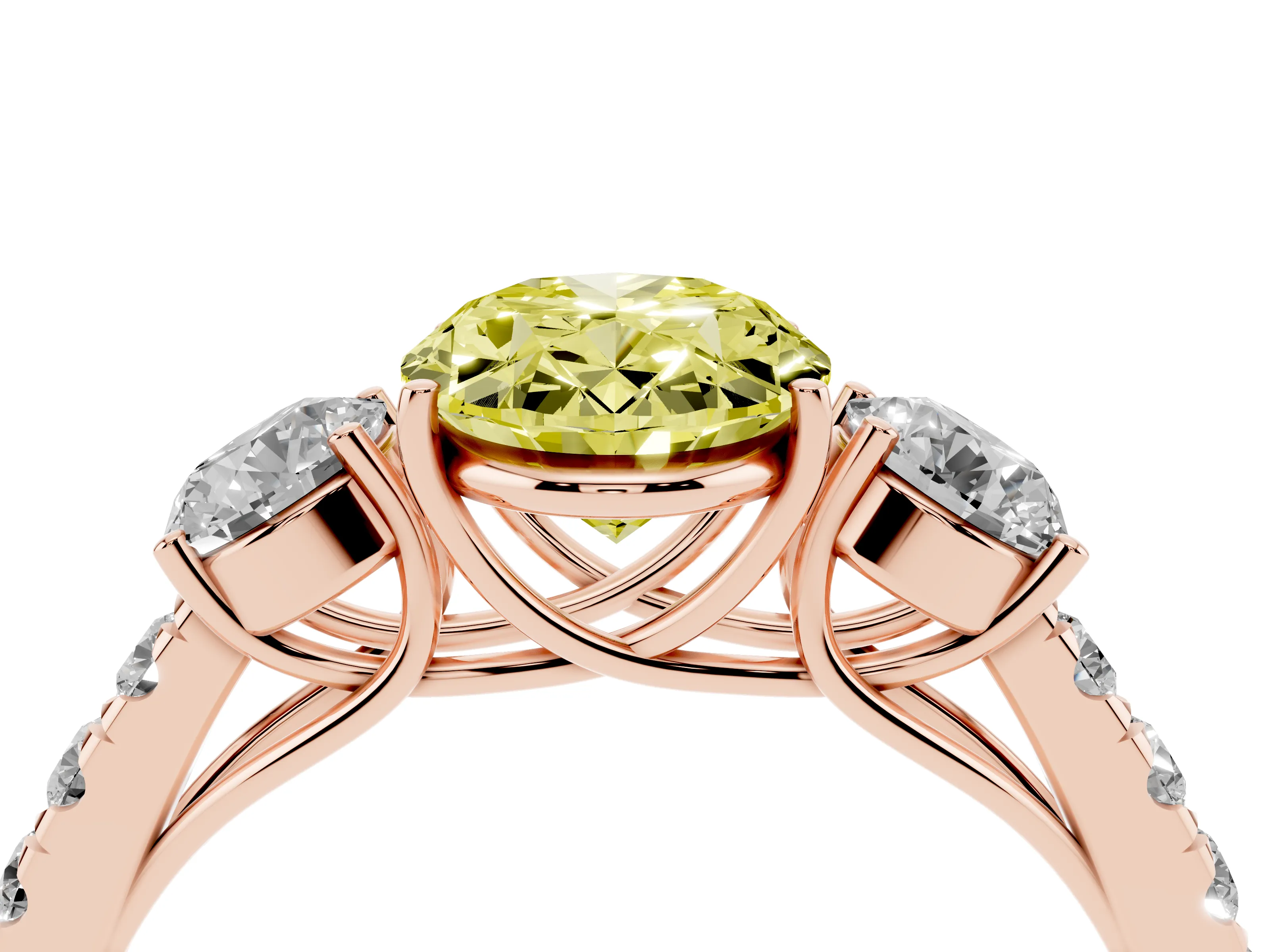 Fancy Yellow Oval Cut Diamond Three-Stone Ring Set in Rose gold with Round Side Stones and Delicate Pavé Band