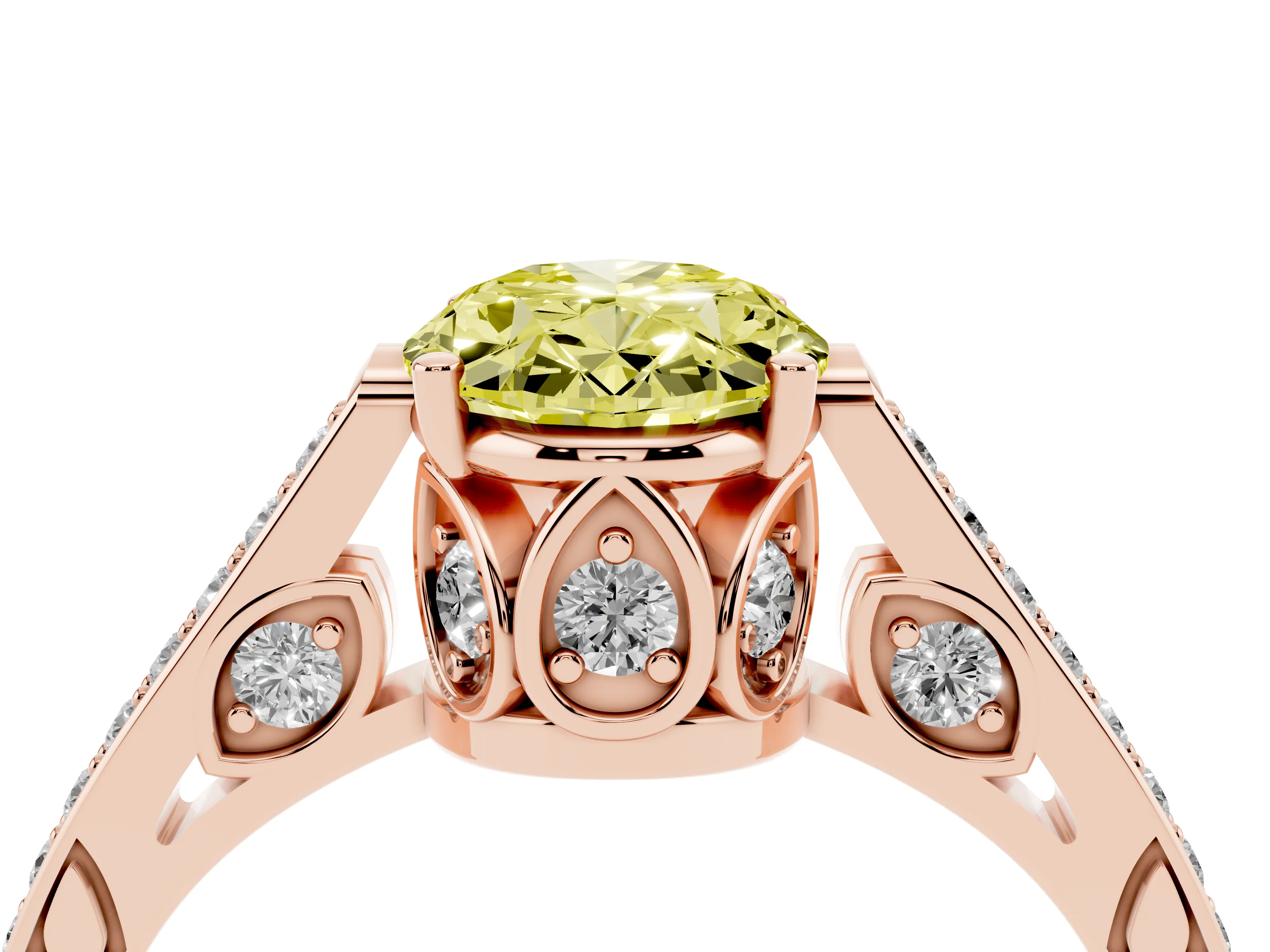 Fancy Yellow Oval Cut Diamond Cathedral Pavé Engagement Ring Set in Rose gold with Prong Setting