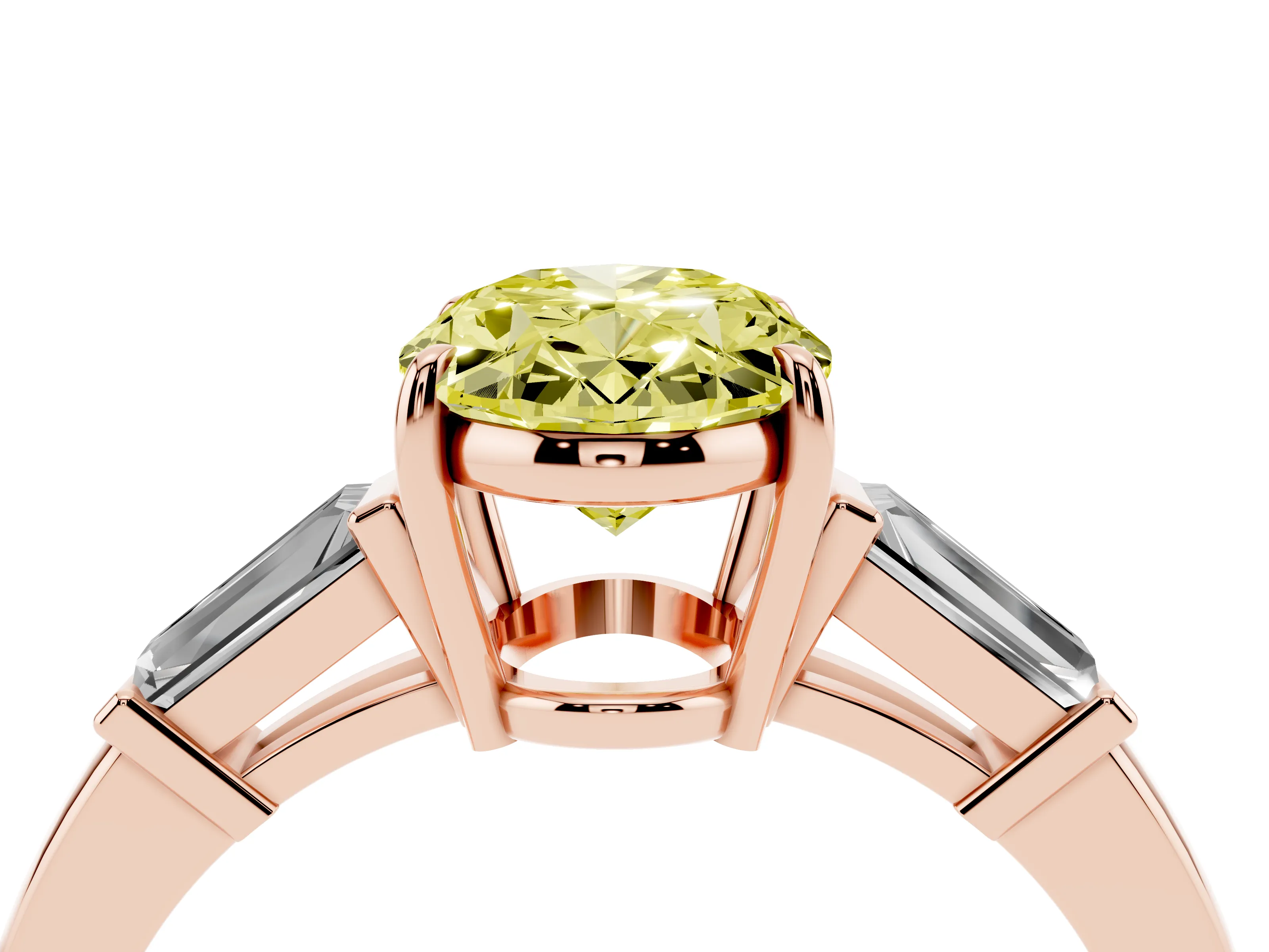 Fancy Yellow Oval Cut Diamond Three-Stone Ring Set in Rose gold with Tapered Baguette Side Stones and Prong Setting