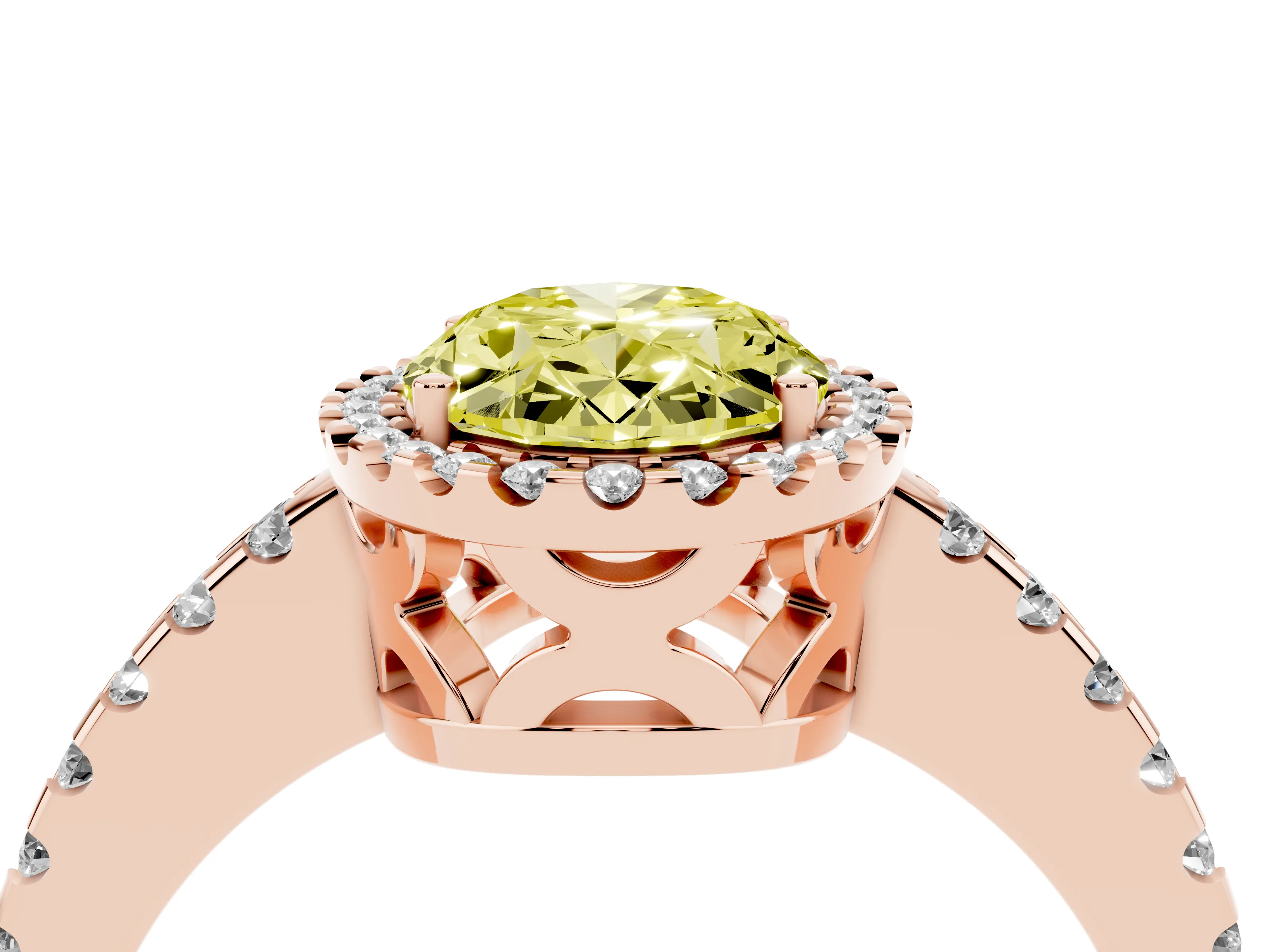 Fancy Yellow Oval Cut Diamond Halo Ring Set in Rose gold with Pavé Shoulders and Halo-Framed Center