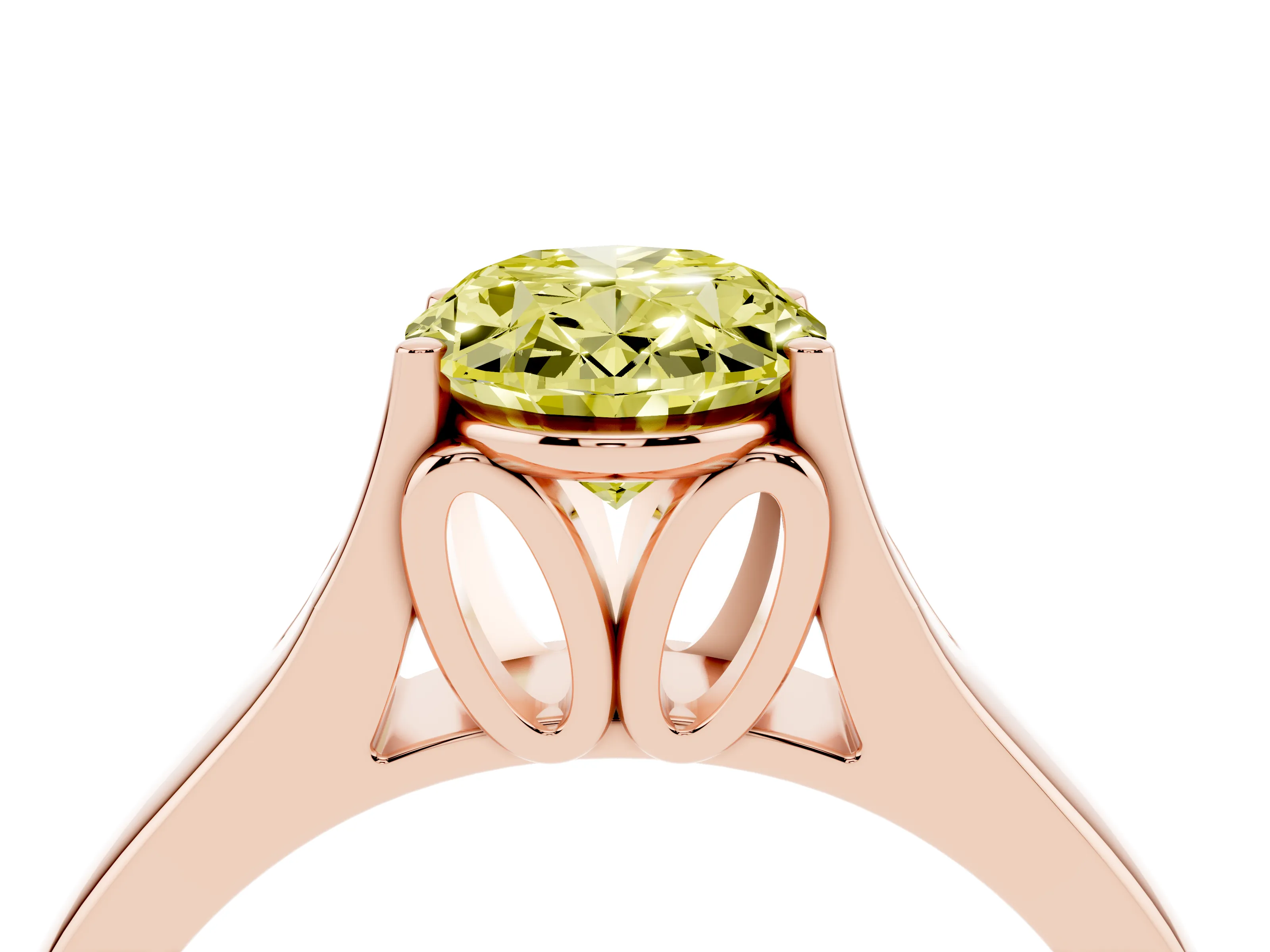 Fancy Yellow Oval Cut Diamond Solitaire Ring Set in Rose gold with Arched Cathedral Band and Prong Setting