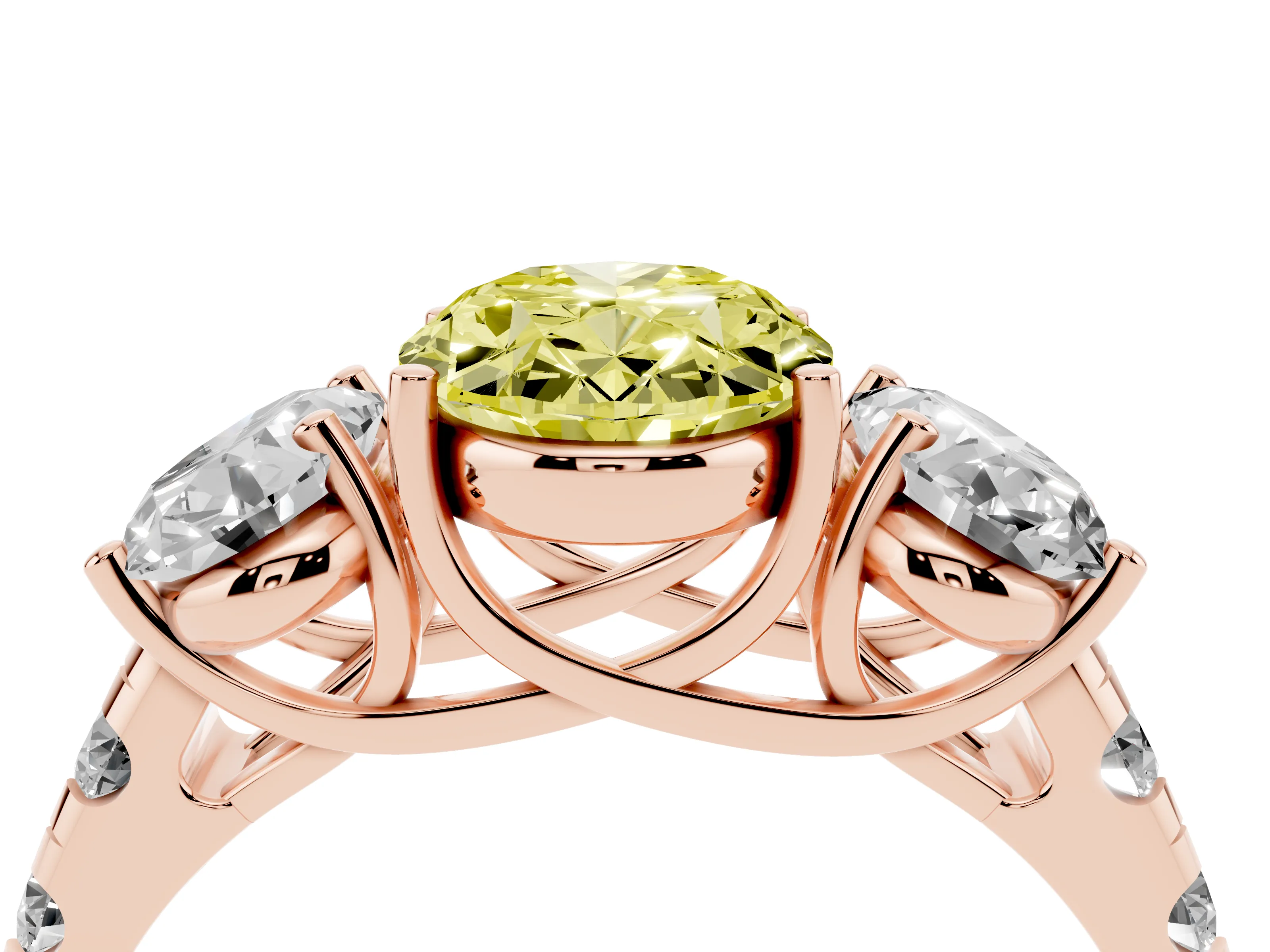 Fancy Yellow Oval Cut Diamond Three-Stone Ring Set in Rose gold with Pavé Band