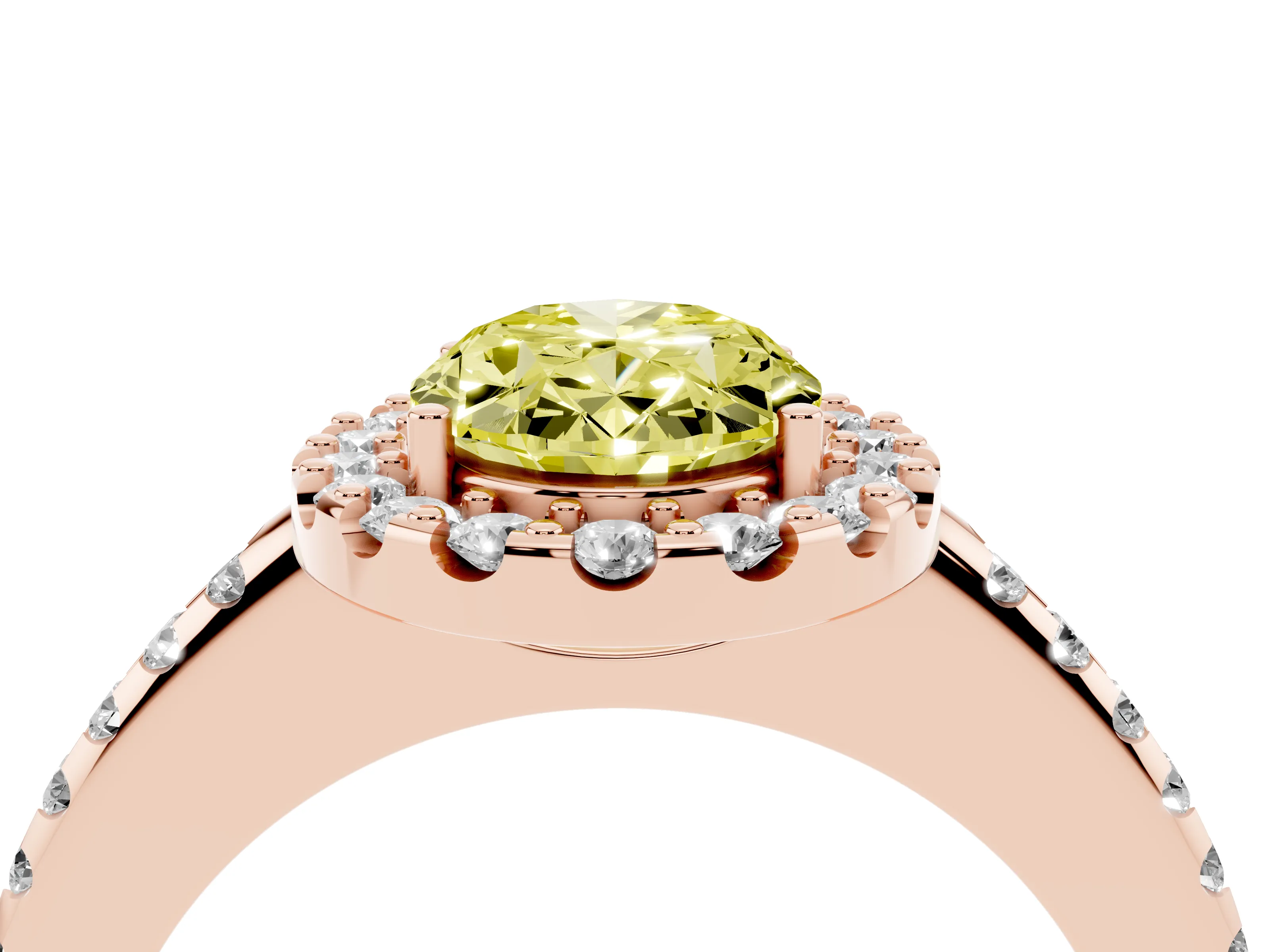 Fancy Yellow Oval Cut Diamond Pavé Halo Ring Set in Rose gold with Prong Setting