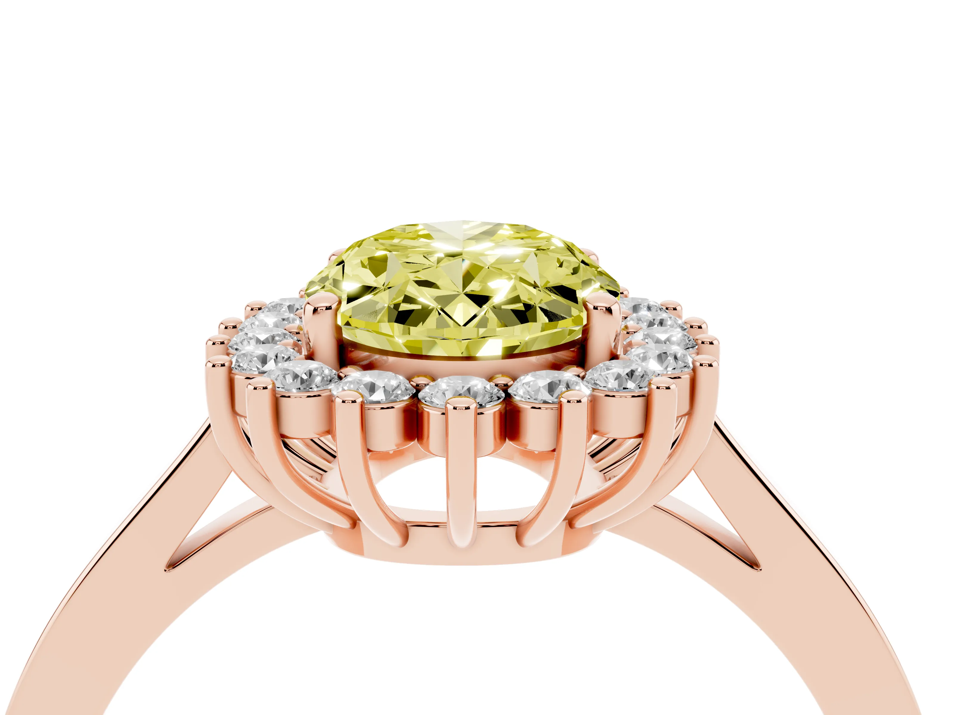 Fancy Yellow Oval Cut Diamond Halo Ring Set in Rose gold with Round Halo and Smooth Solitaire Band