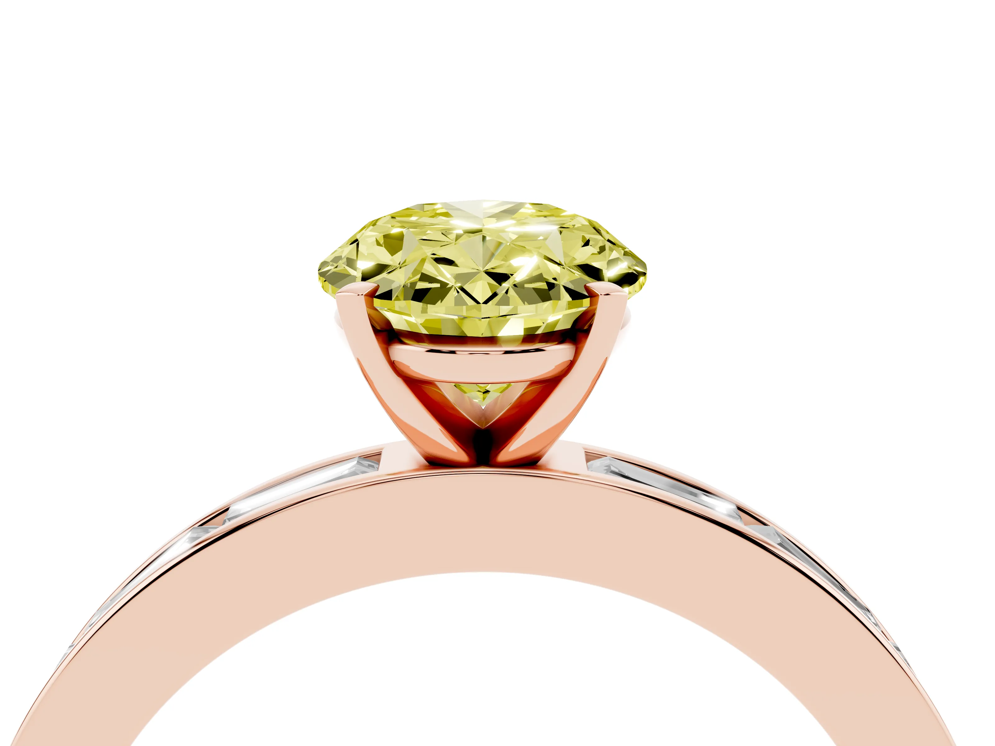 Fancy Yellow Oval Cut Diamond Solitaire Ring Set in Rose gold with Channel-Set Baguette Band and Prong Setting