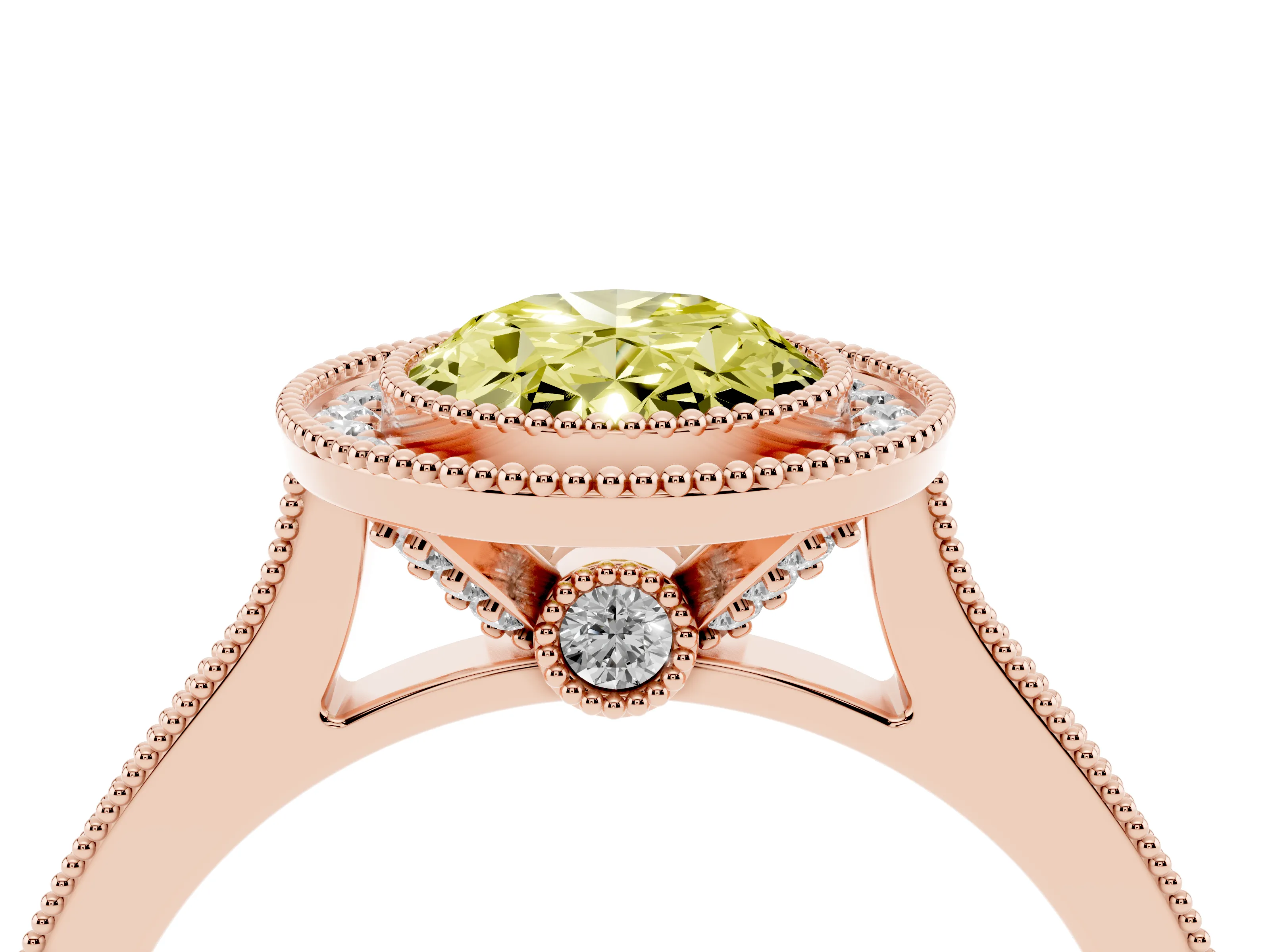 Fancy Yellow Oval Cut Diamond Halo Milgrain Pavé Band Ring Set in Rose gold with Prong Setting