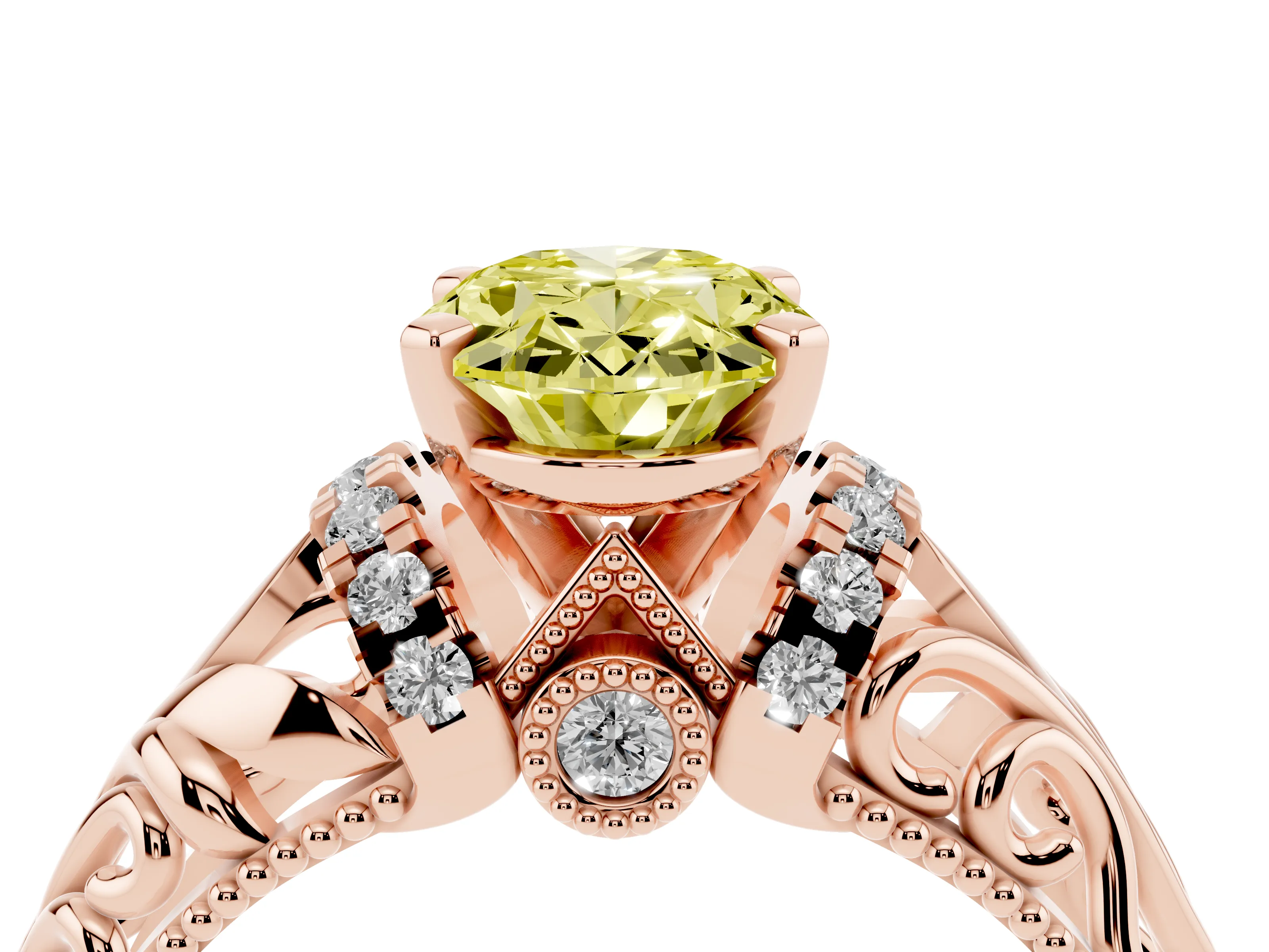 Fancy Yellow Oval Cut Diamond Filigree Halo Engagement Ring Set in Rose gold with Prong Setting