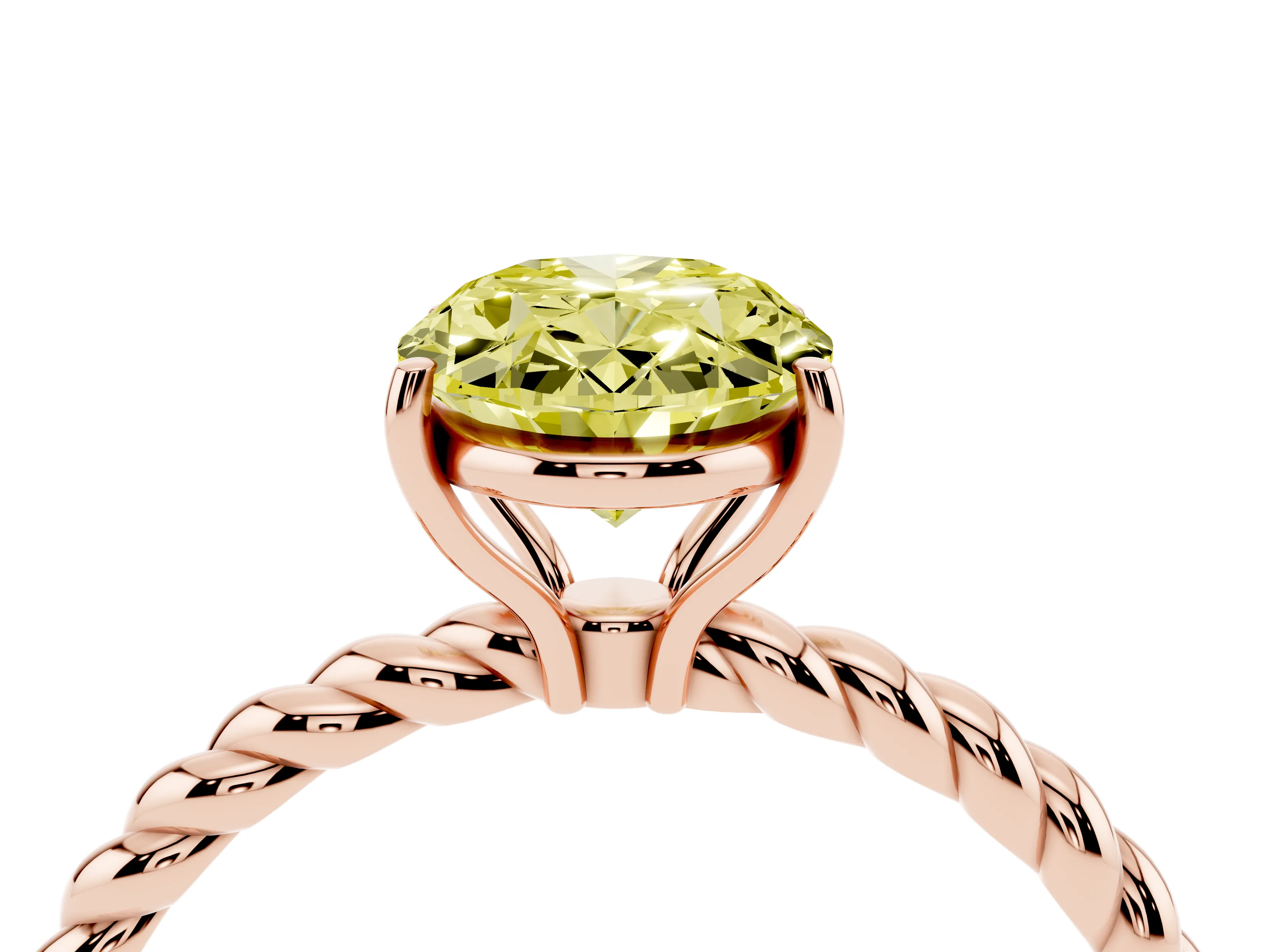 Fancy Yellow Oval Cut Diamond Solitaire Twisted Band Ring Set in Rose gold with Prong Solitaire Setting
