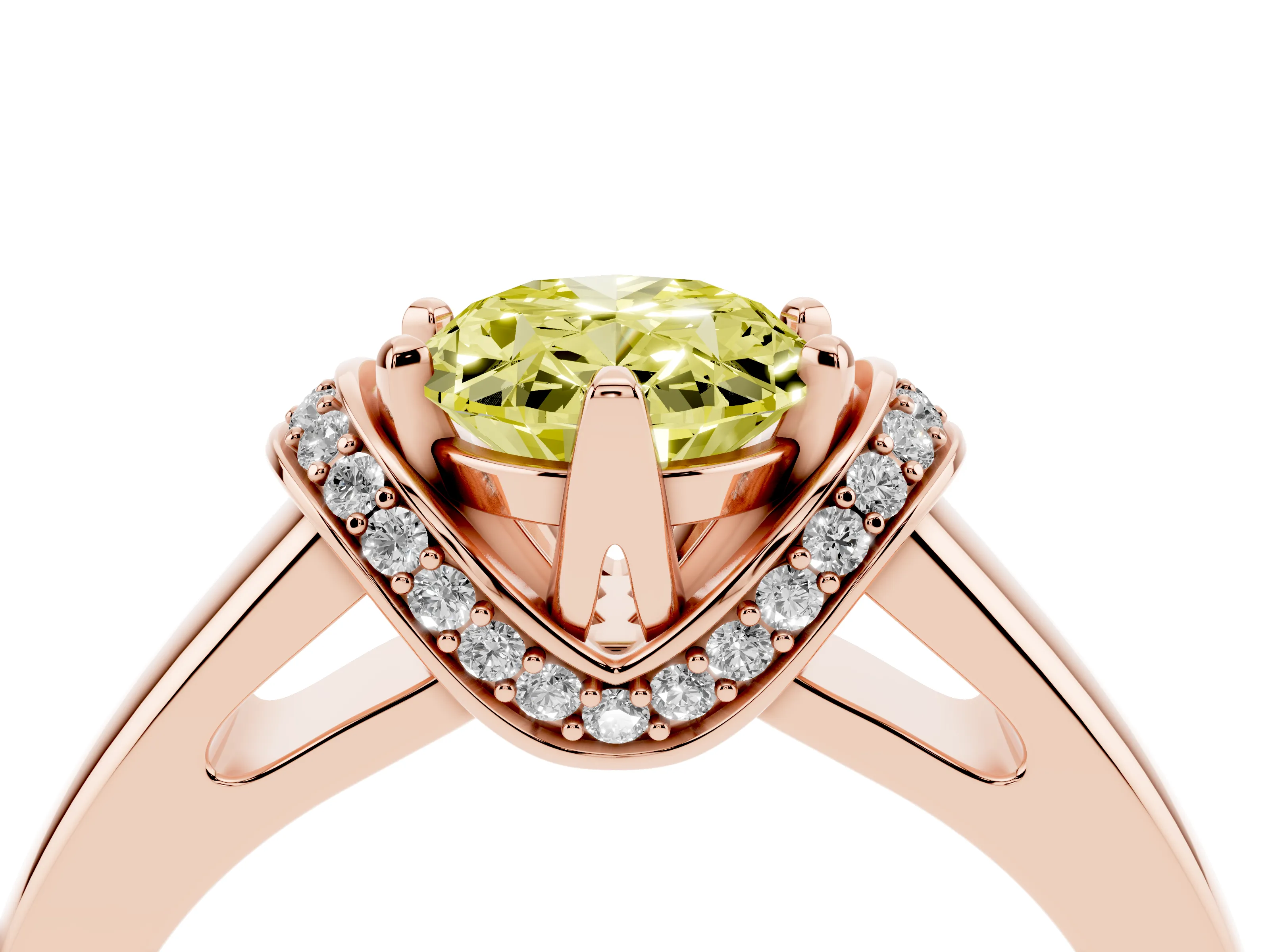 Fancy Yellow Oval Cut Diamond Pavé Band Solitaire Ring Set in Rose gold with Prong Setting
