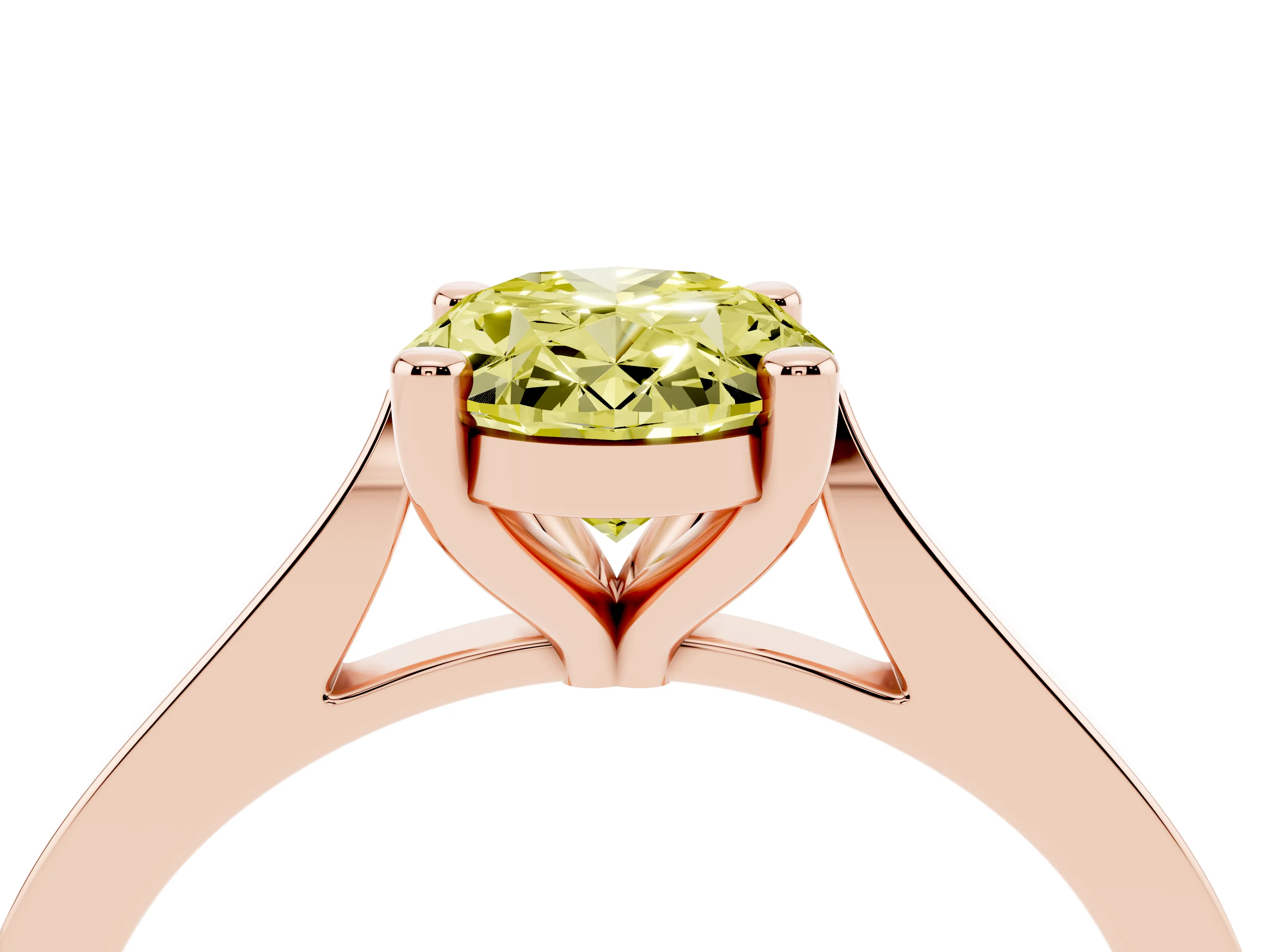 Fancy Yellow Oval Cut Diamond Solitaire Ring Set in Rose gold with Prong Setting and Tapered Band