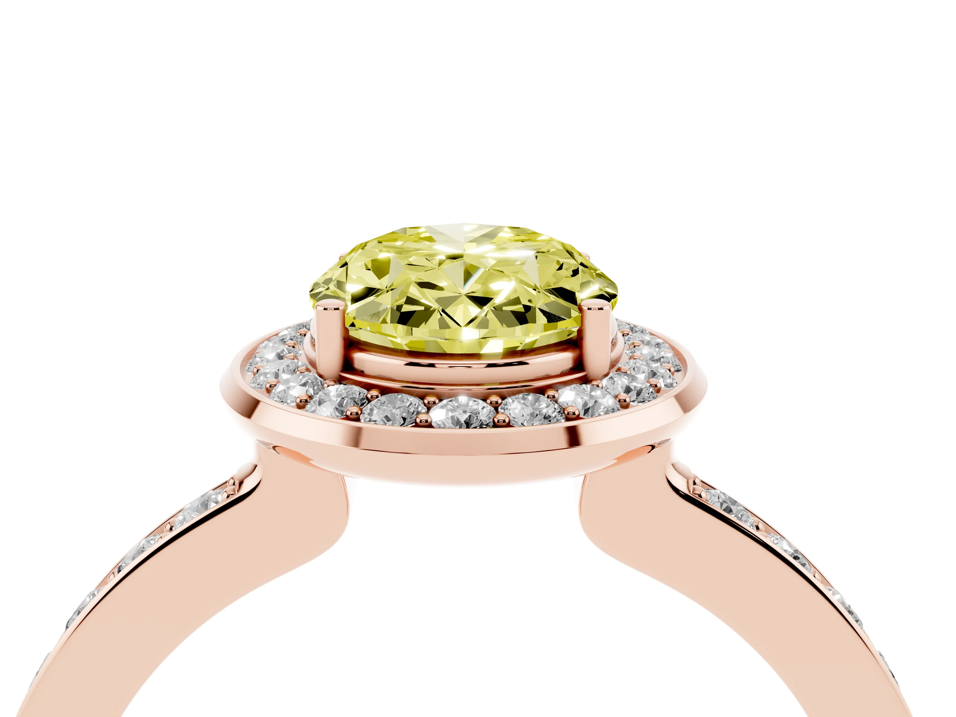 Fancy Yellow Oval Cut Diamond Halo Ring Set in Rose gold with Bezel Frame and Pavé Band
