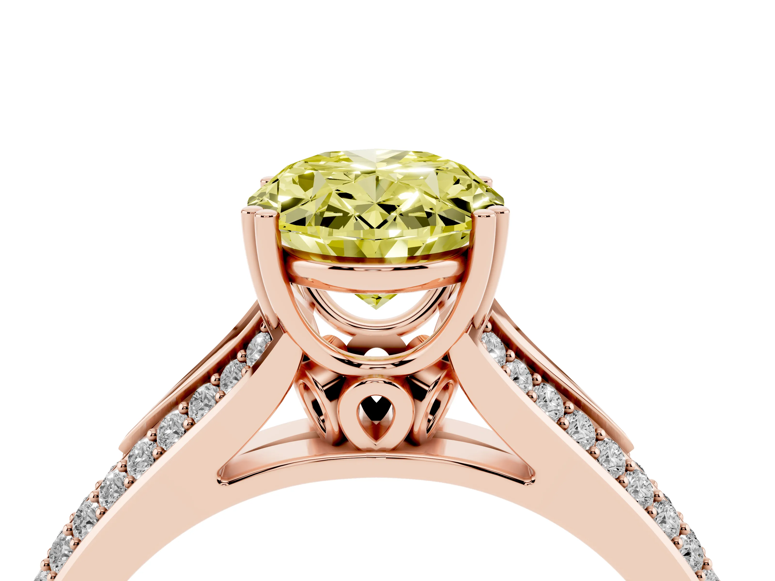 Fancy Yellow Oval Cut Diamond Split Shank Pavé Engagement Ring Set in Rose gold with Prong-Set Center Stone