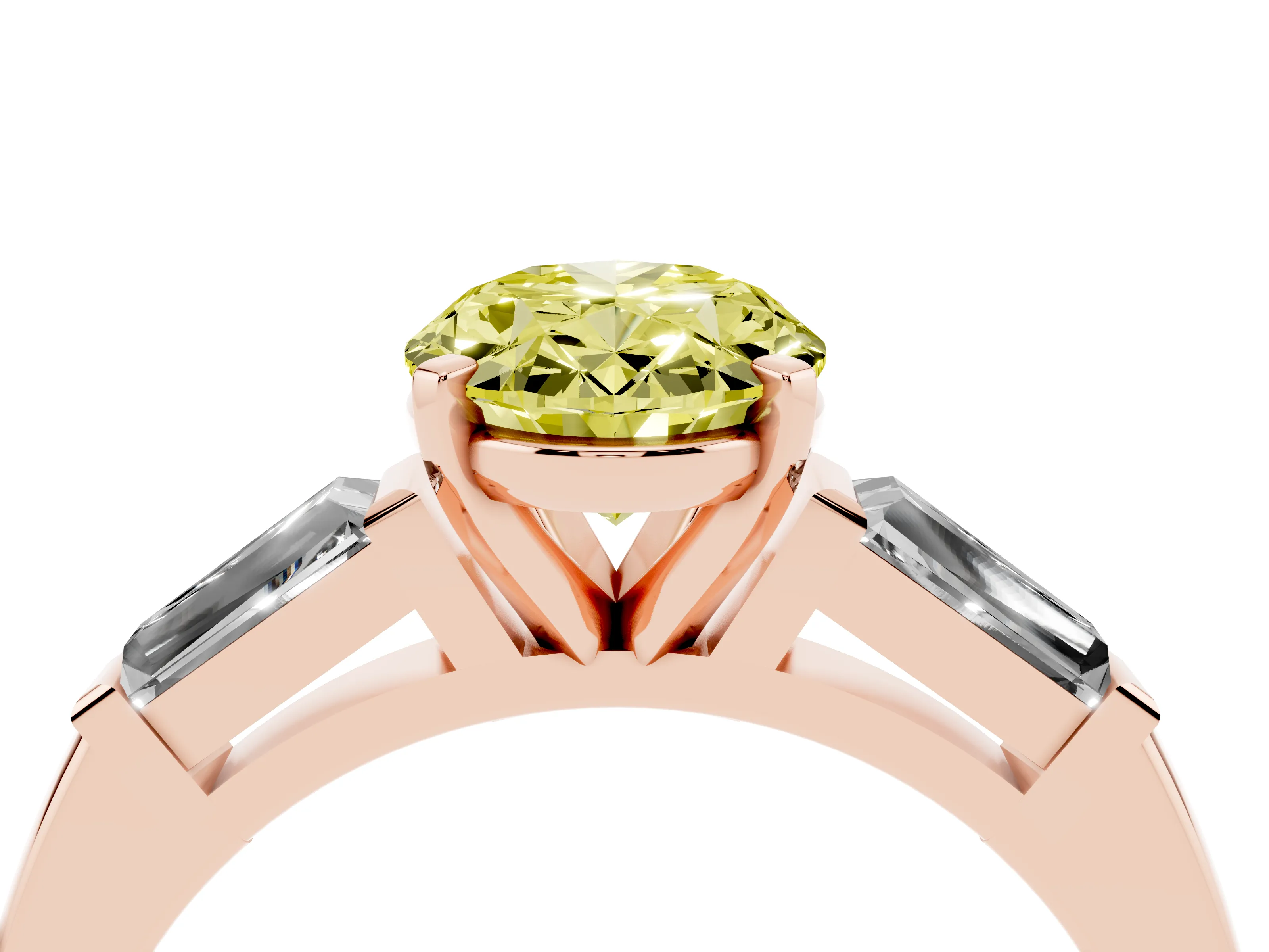 Fancy Yellow Oval Cut Diamond Solitaire Ring Set in Rose gold with Tapered Baguette Side Stones and Prong Setting