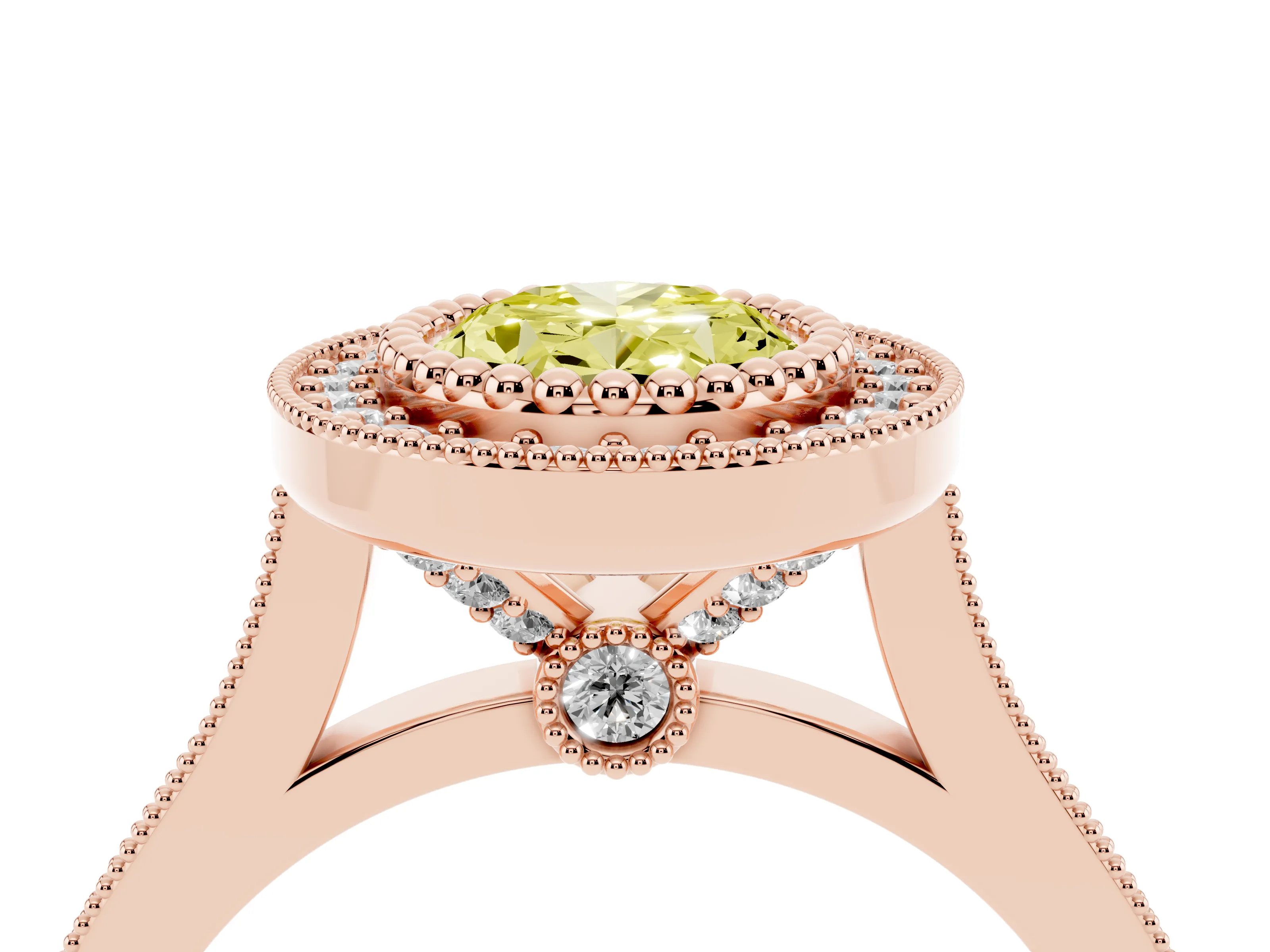 Fancy Yellow Oval Cut Diamond Halo Ring Set in Rose gold with Milgrain Frame and Pavé Band