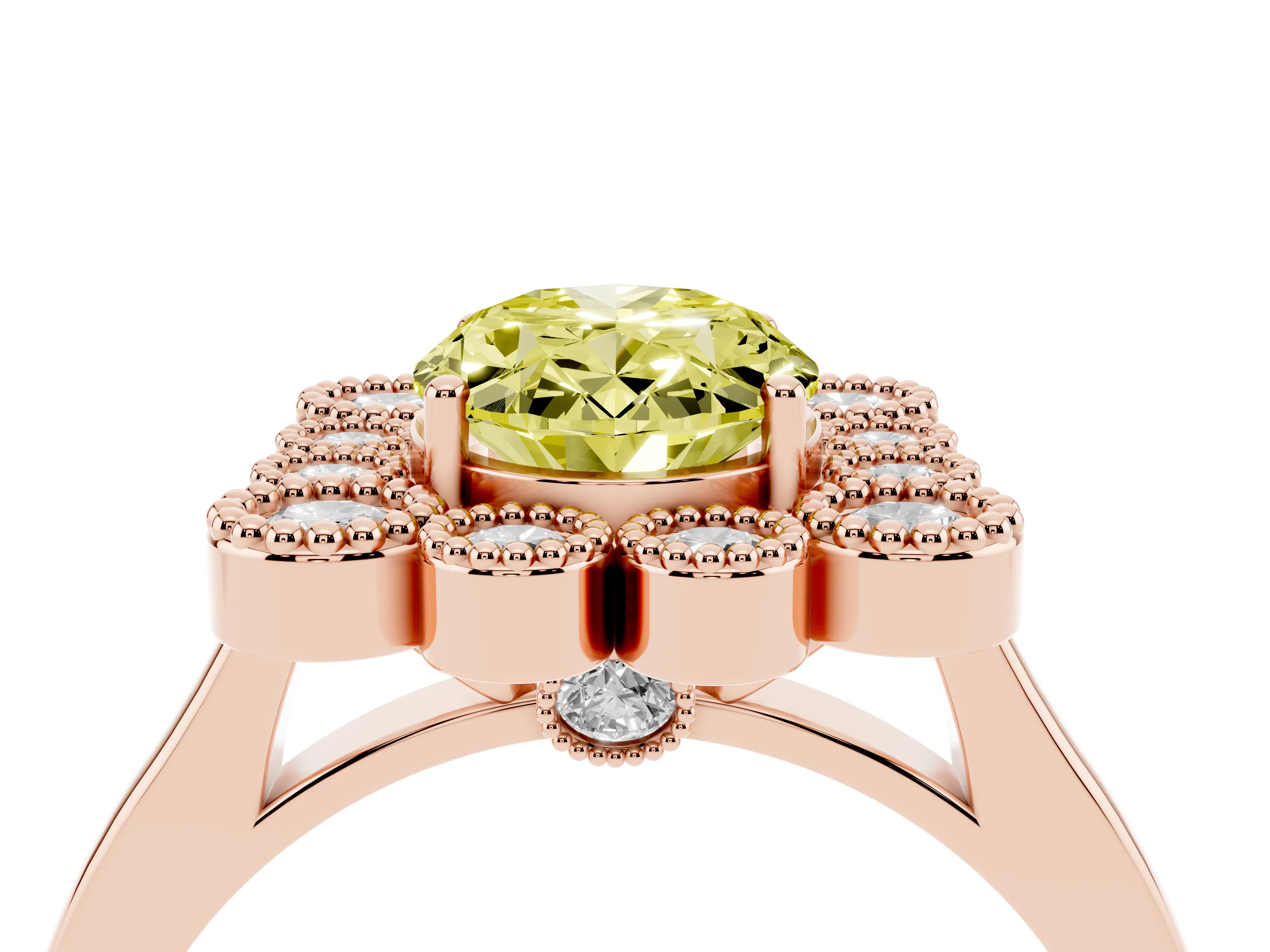 Fancy Yellow Oval Cut Diamond Cluster Halo Ring Set in Rose gold with Milgrain Bezel Accents and Plain Band