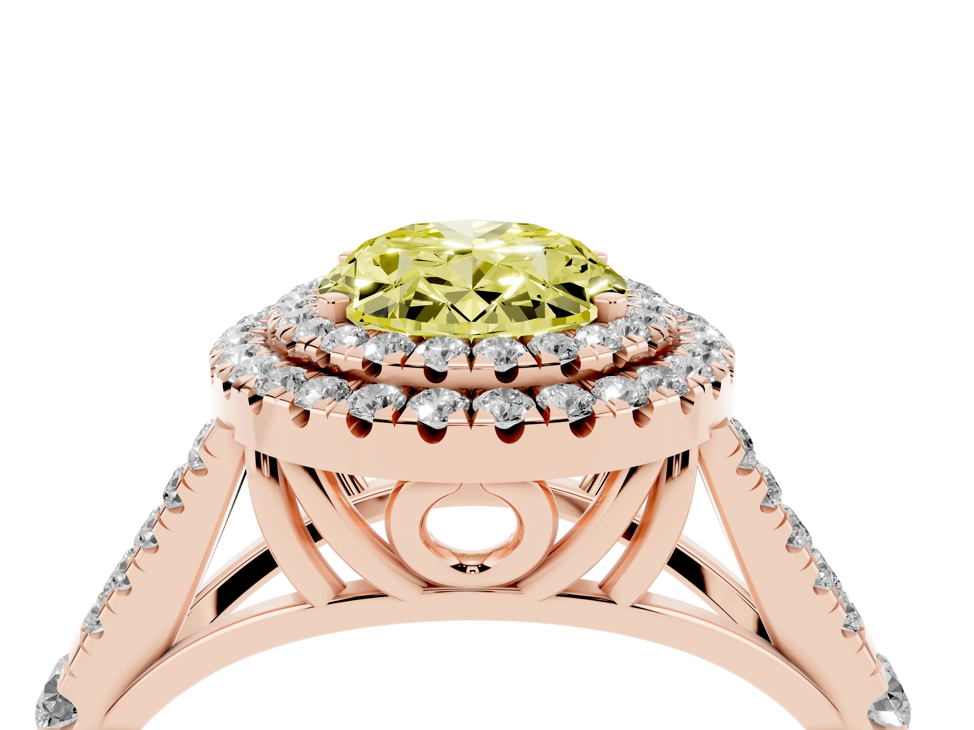 Fancy Yellow Oval Cut Diamond Pavé Split Shank Double Halo Engagement Ring Set in Rose gold