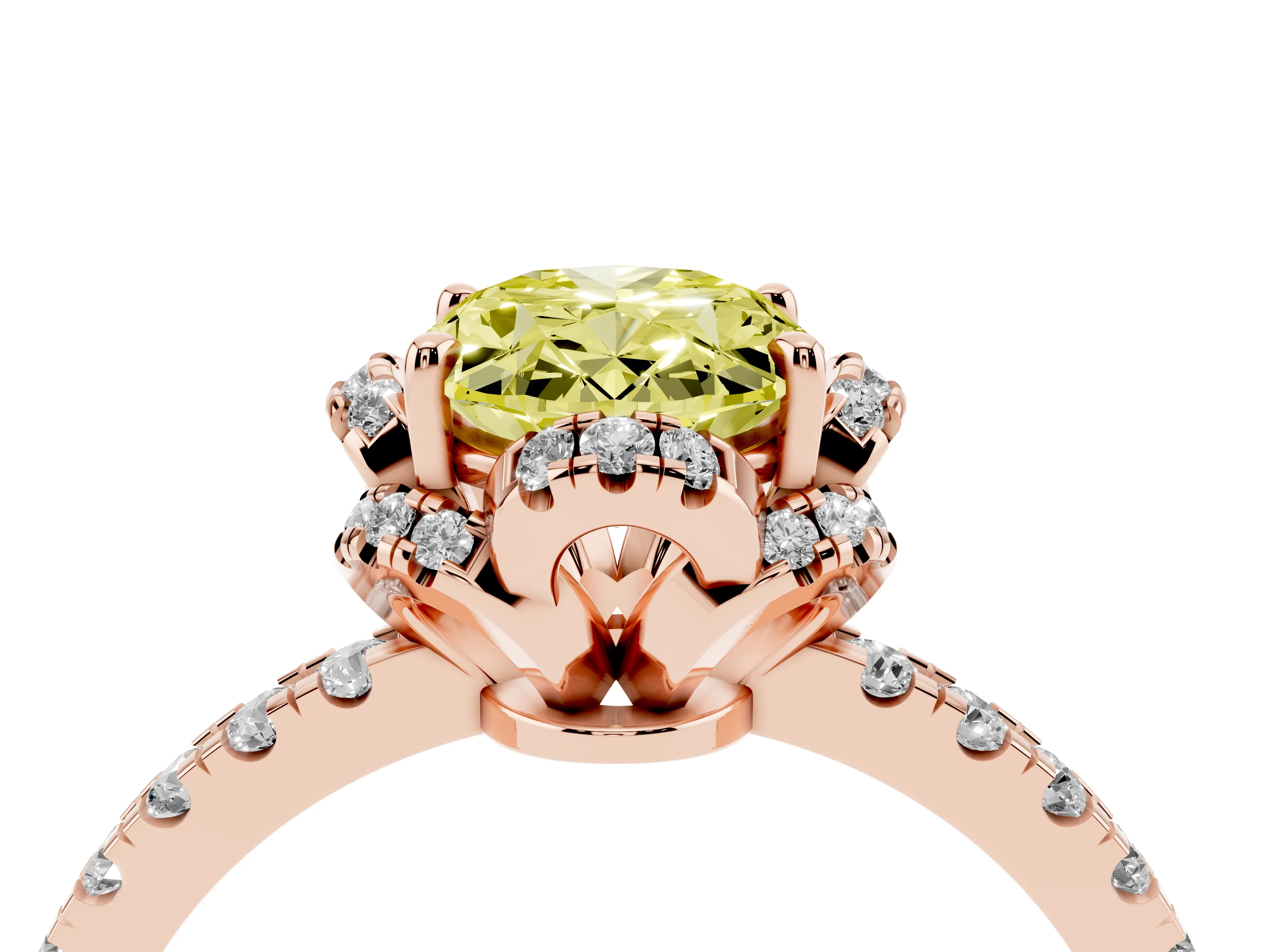 Fancy Yellow Oval Cut Diamond Halo Pavé Band Ring Set in Rose gold with Prong-Held Center