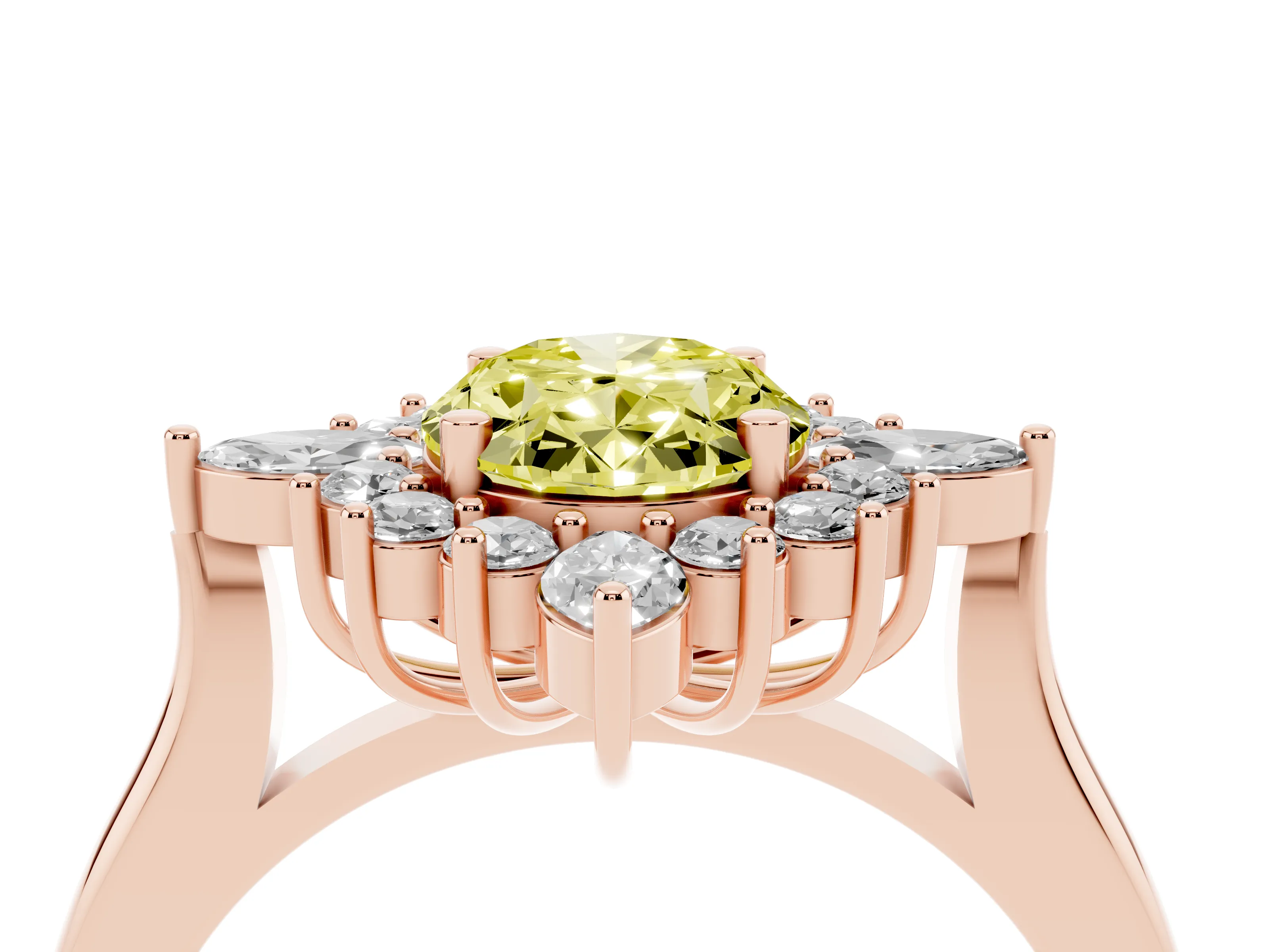 Fancy Yellow Oval Cut Diamond Cluster Halo Ring Set in Rose gold with Marquise and Round Accents