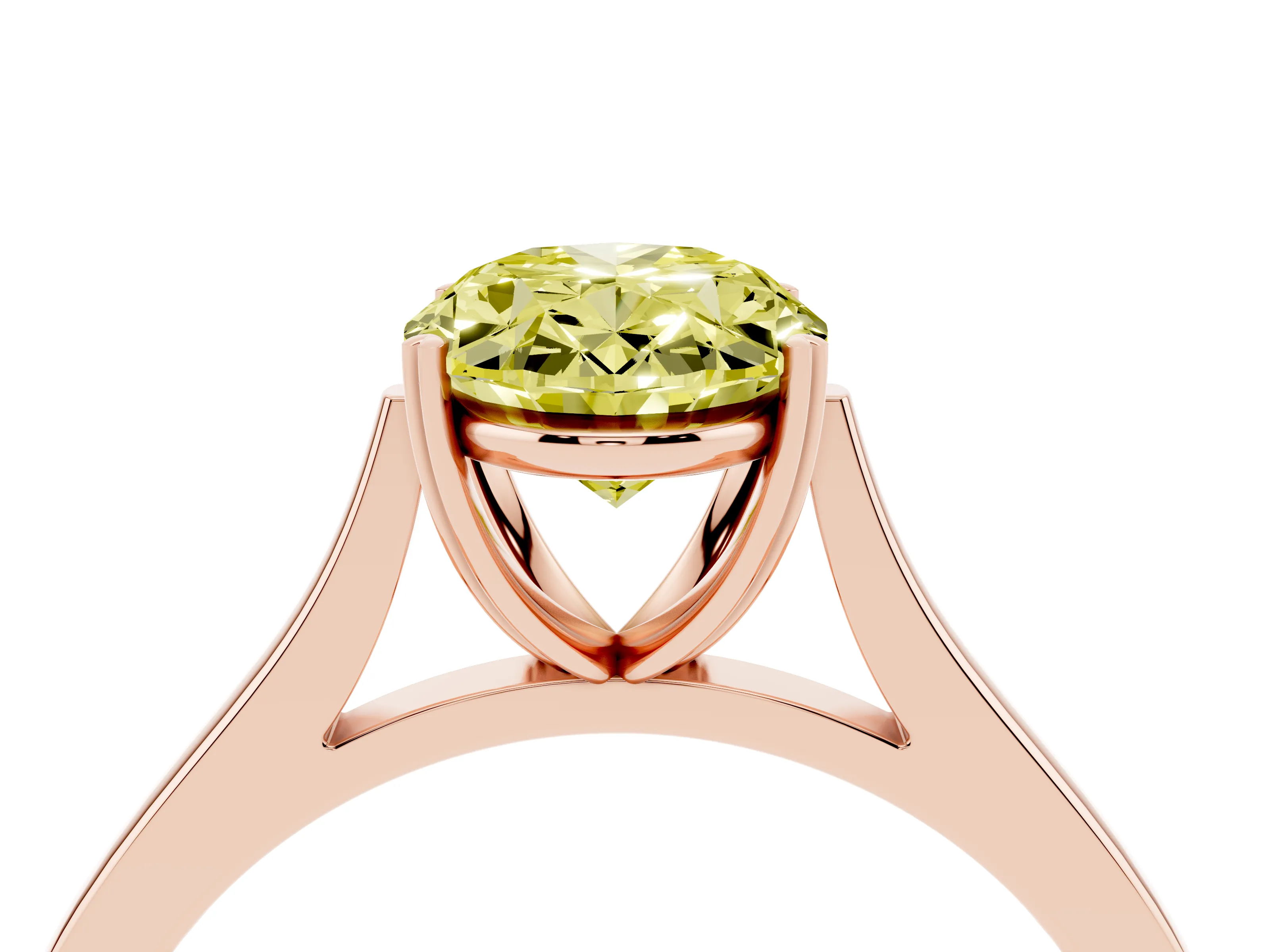 Fancy Yellow Oval Cut Diamond Solitaire Heart Prong Engagement Ring Set in Rose gold with Tapered Band