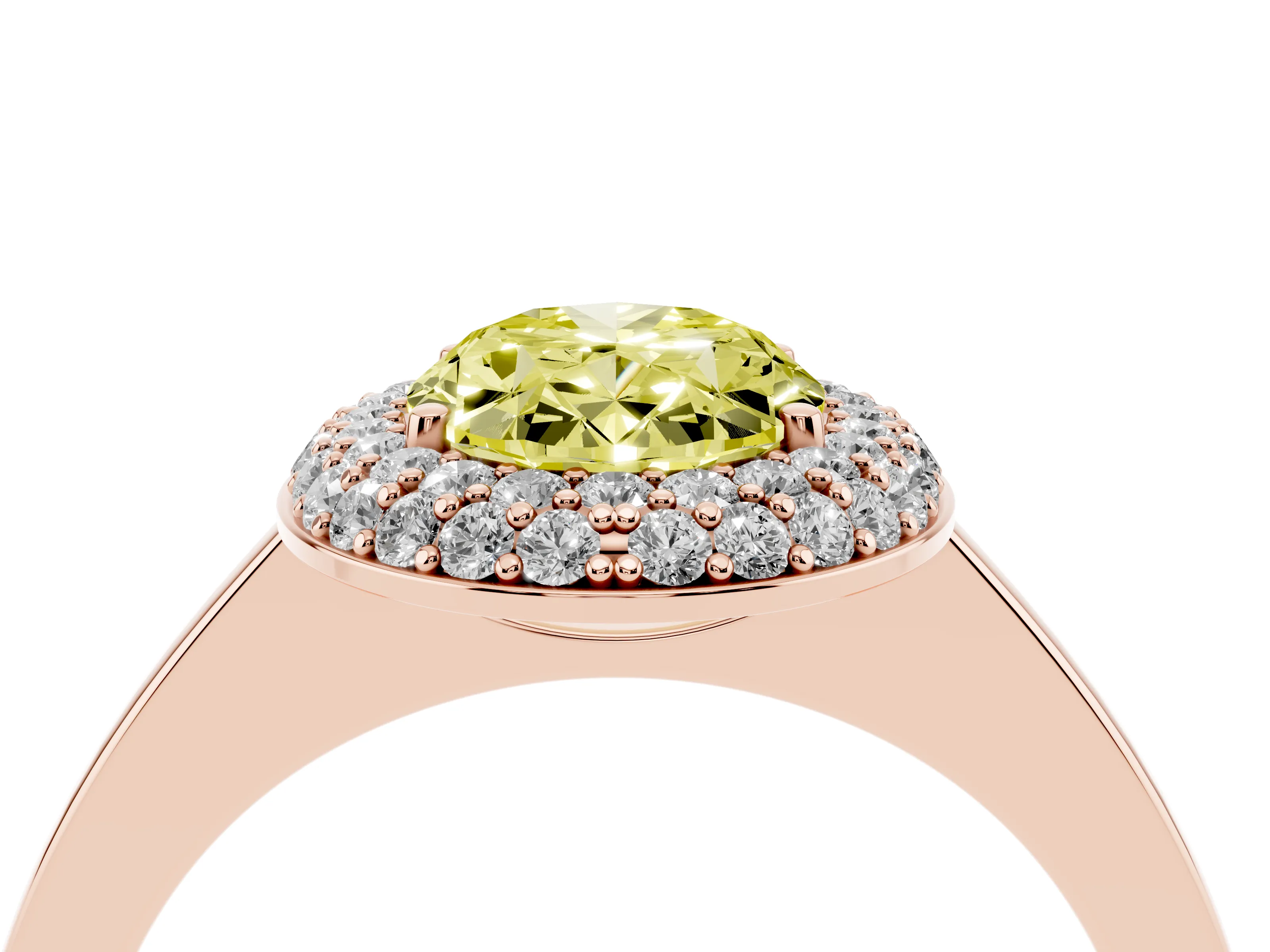 Fancy Yellow Oval Cut Diamond Halo Engagement Ring Set in Rose gold with Solitaire Band and Prong Setting
