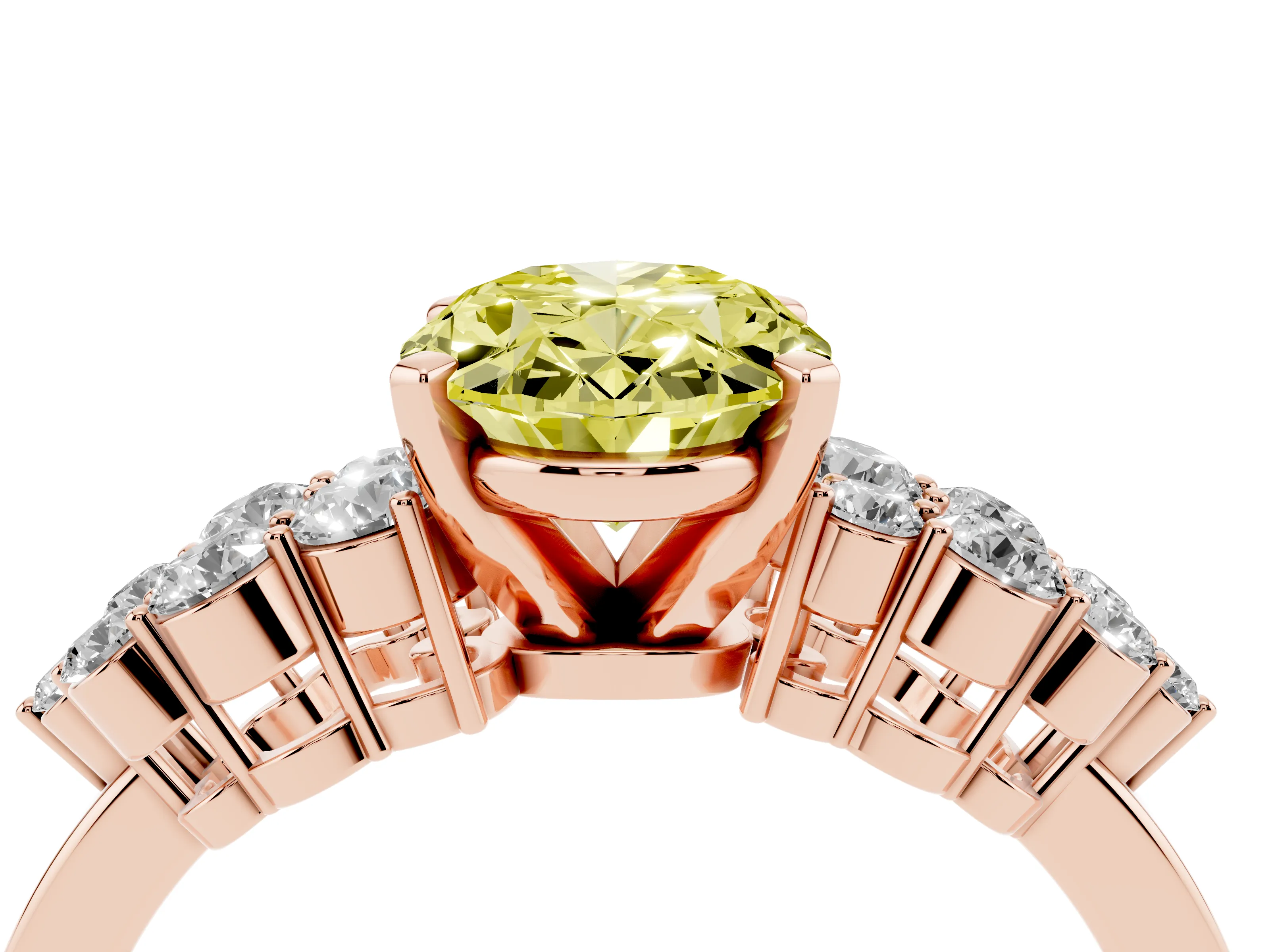 Fancy Yellow Oval Cut Diamond Cluster Engagement Ring Set in Rose gold with Pavé Band and Prong Setting