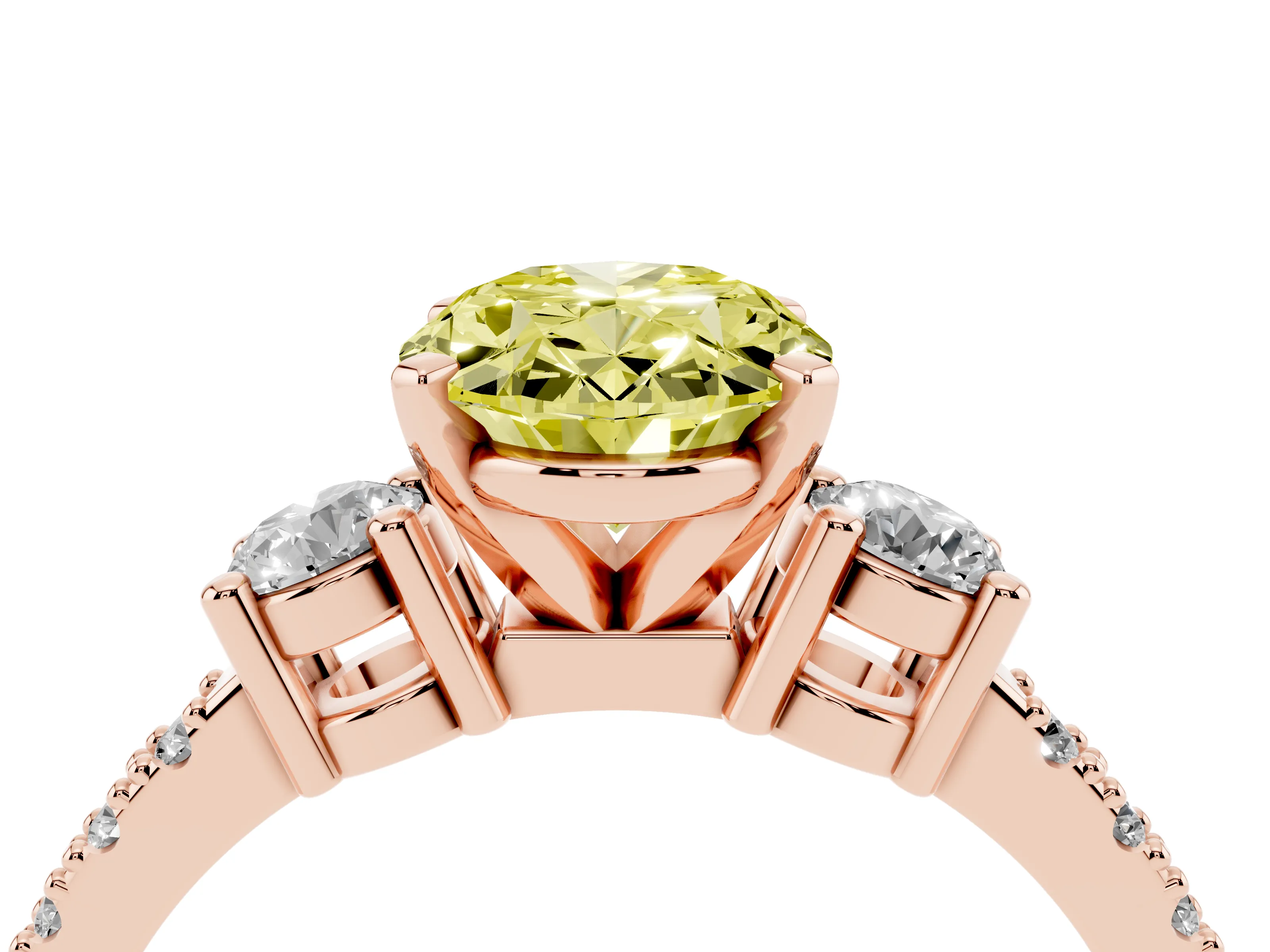 Fancy Yellow Three-Stone Oval Cut Diamond Pavé Band Ring Set in Rose gold with Prong Setting