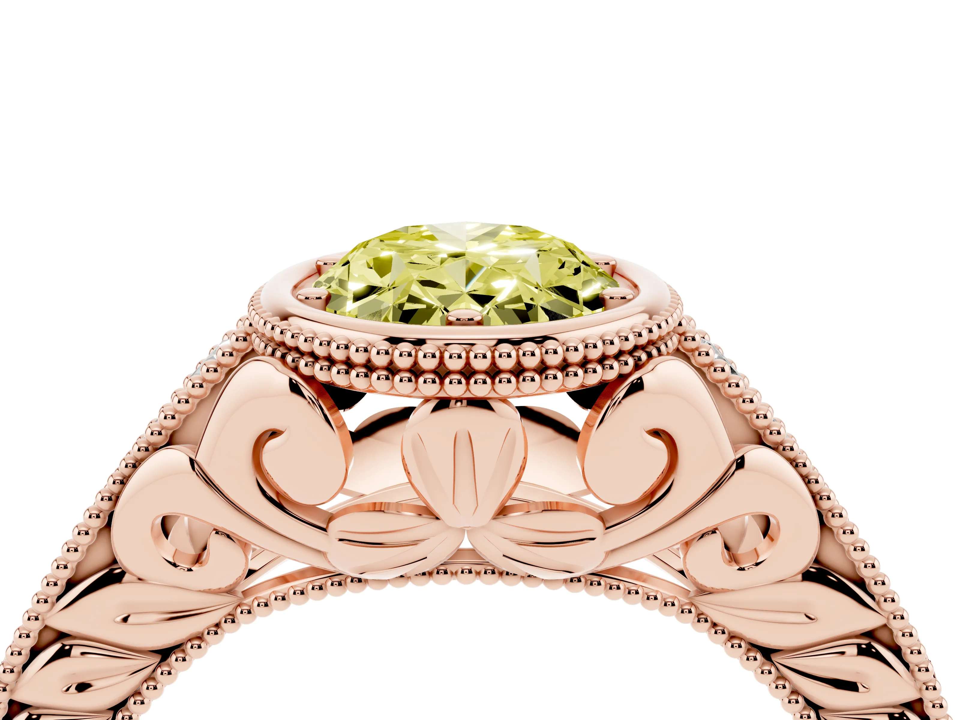 Fancy Yellow Bezel Set Oval Cut Diamond Milgrain Pavé Engagement Ring Set in Rose gold