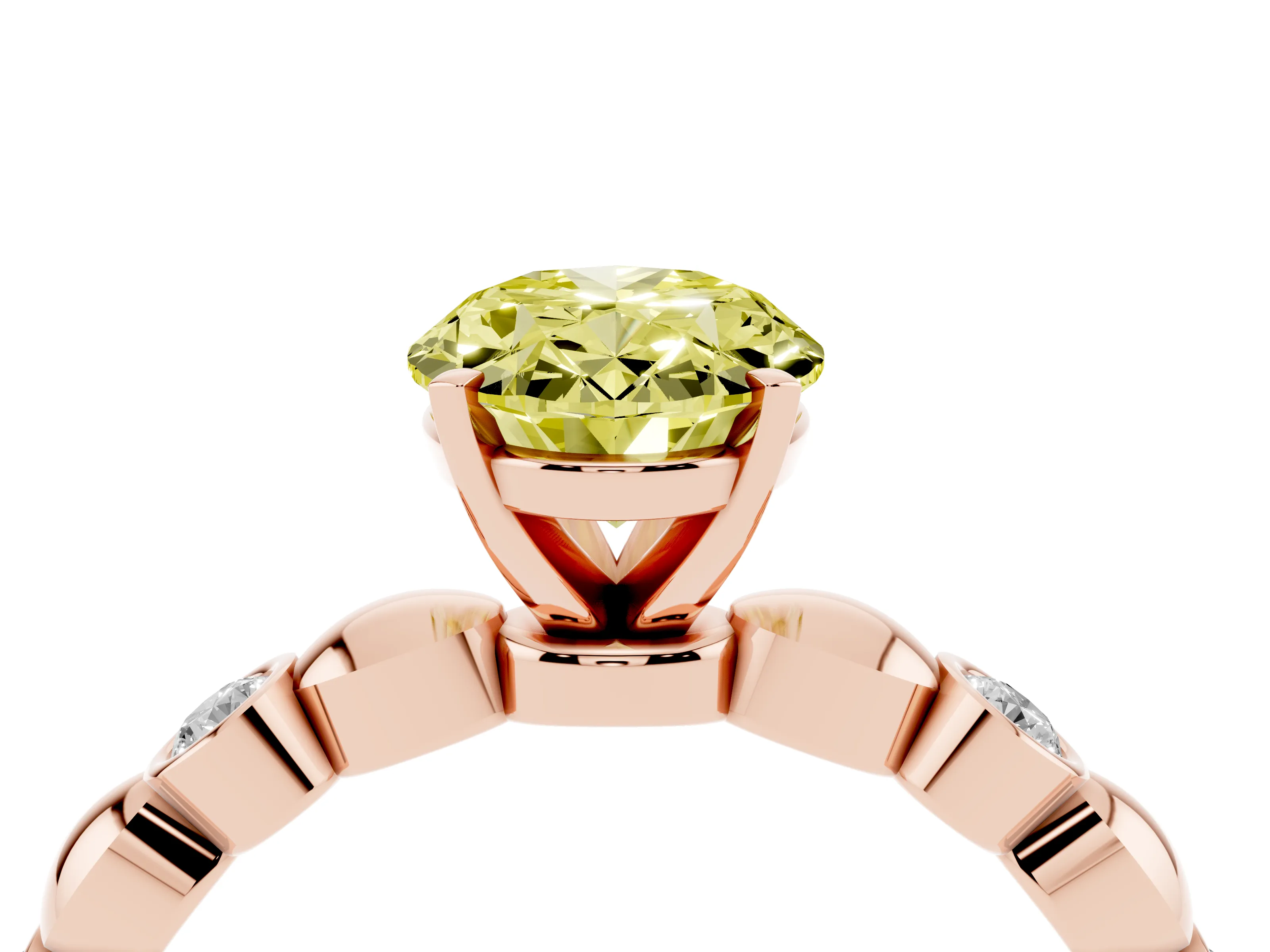Fancy Yellow Oval Cut Diamond Solitaire Ring Set in Rose gold with Bezel-Set Accents on Beaded Band and Prong Setting