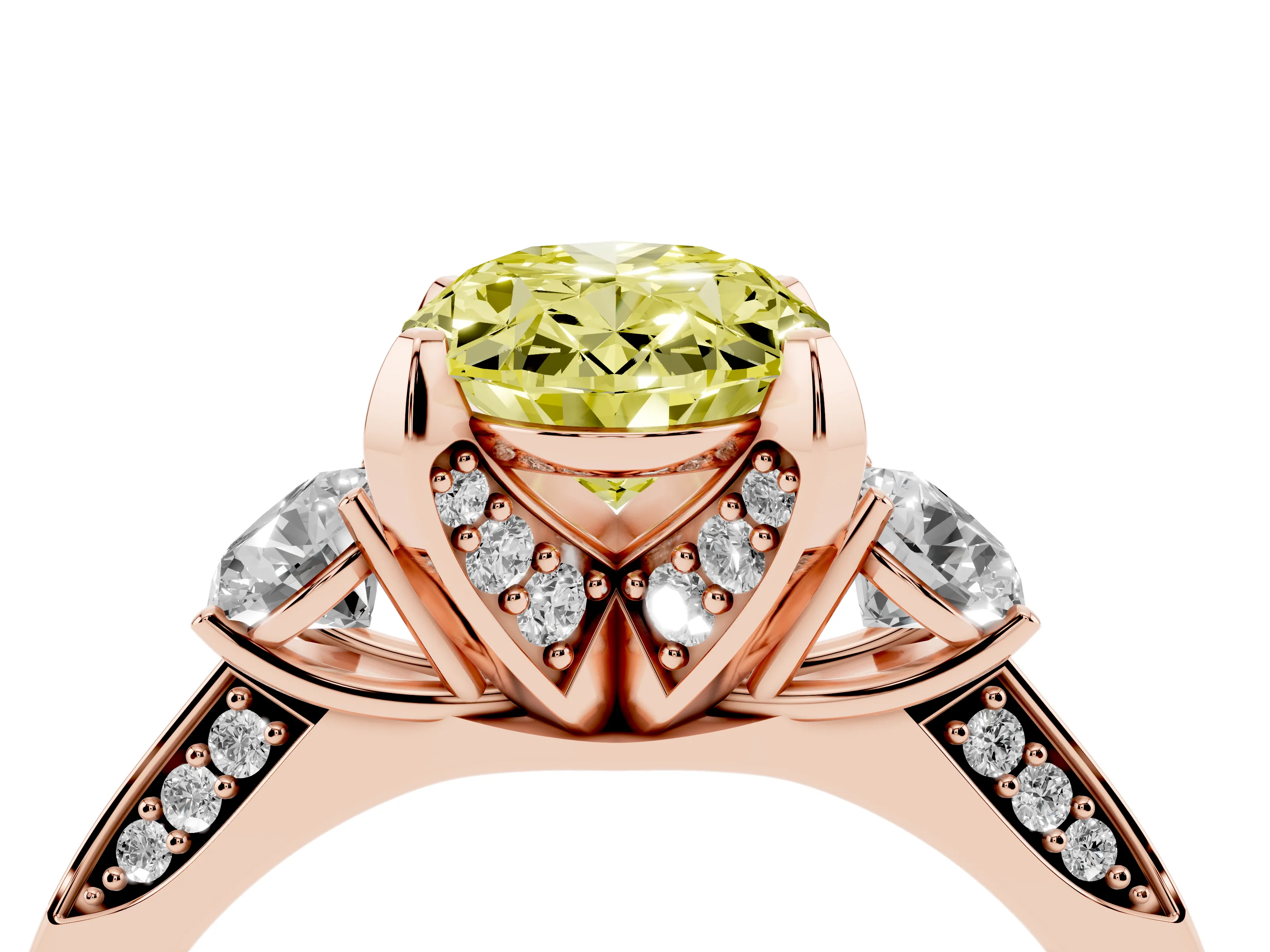 Fancy Yellow Oval Cut Diamond Three-Stone Ring Set in Rose gold with Pavé Band and Smaller Side Stones