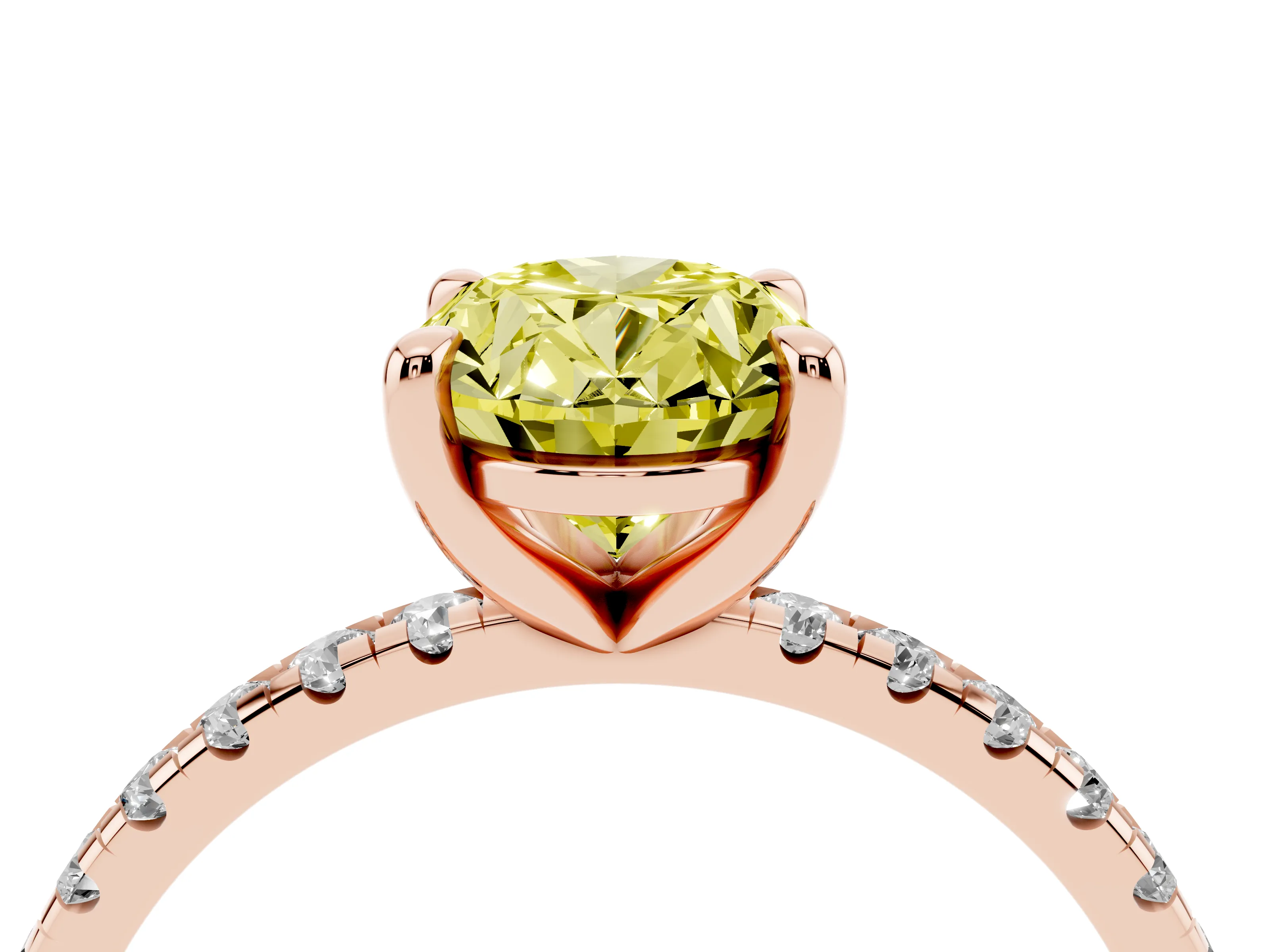 Fancy Yellow Oval Cut Diamond Brilliant Solitaire Ring Set in Rose gold with Pavé Band and Prong Setting