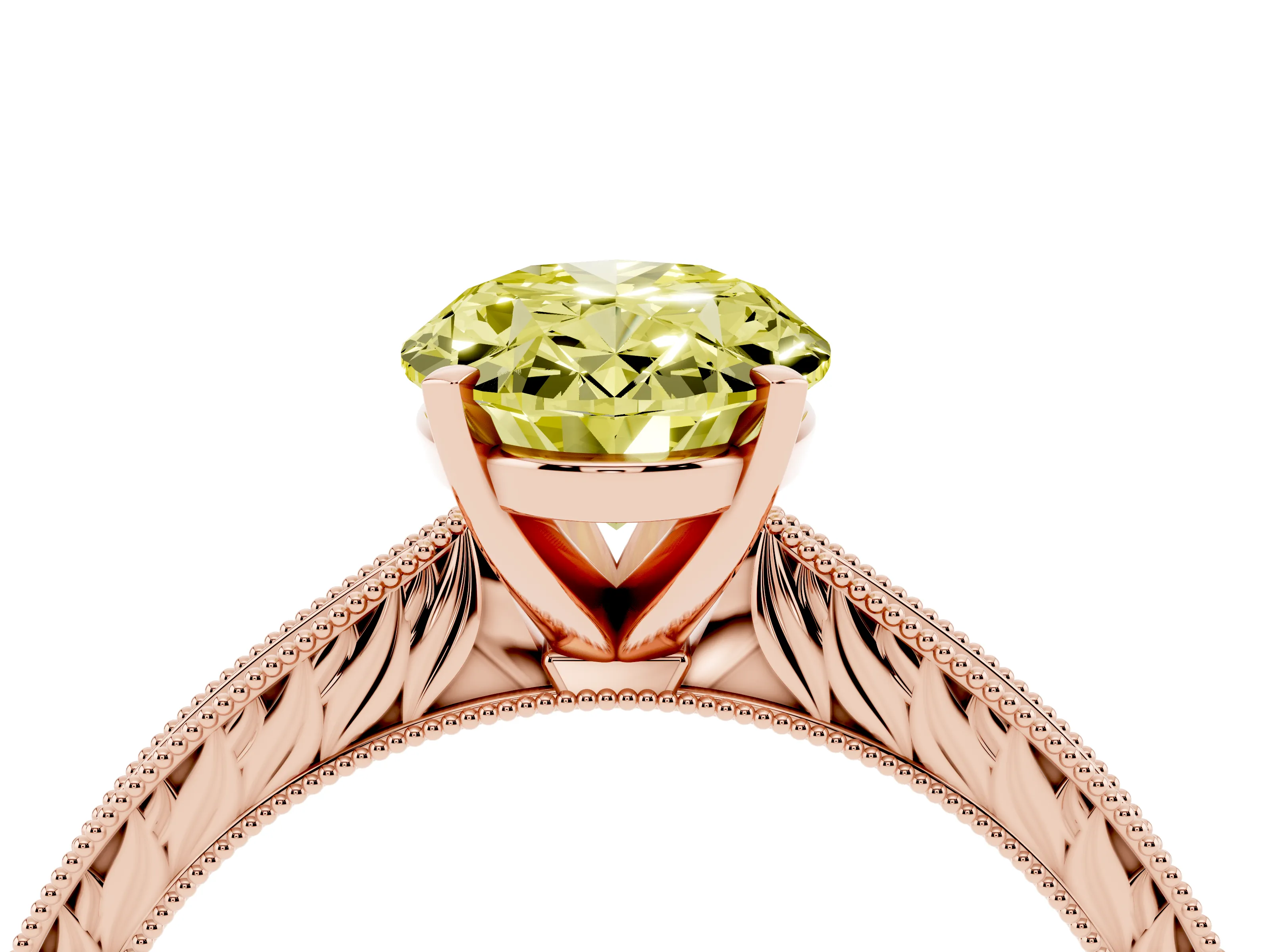 Fancy Yellow Oval Cut Diamond Solitaire Milgrain Engraved Band Set in Rose gold with Prong Setting