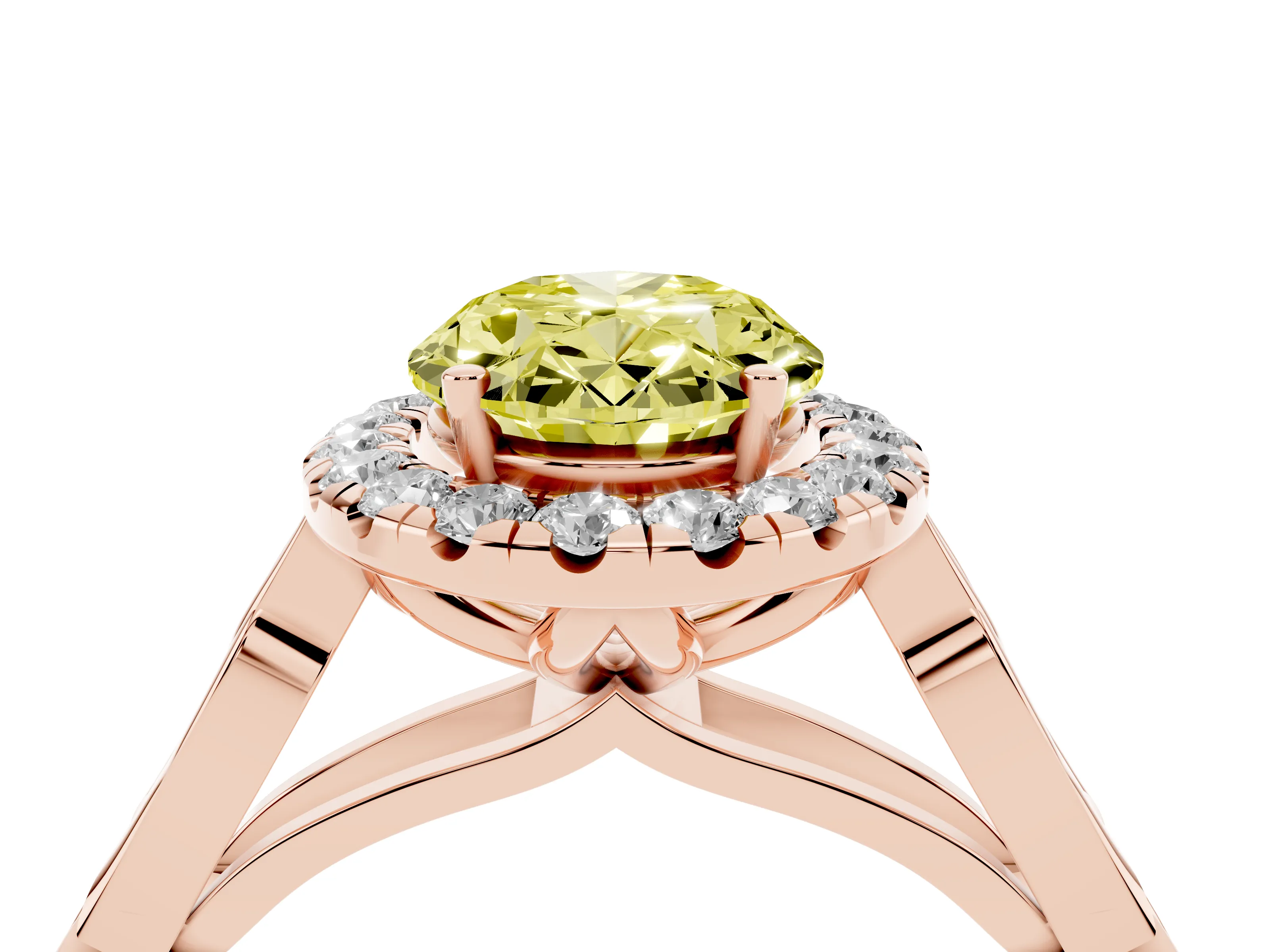 Fancy Yellow Oval Cut Diamond Halo Engagement Ring Set in Rose gold with Filigree Band and Prong-Set Center