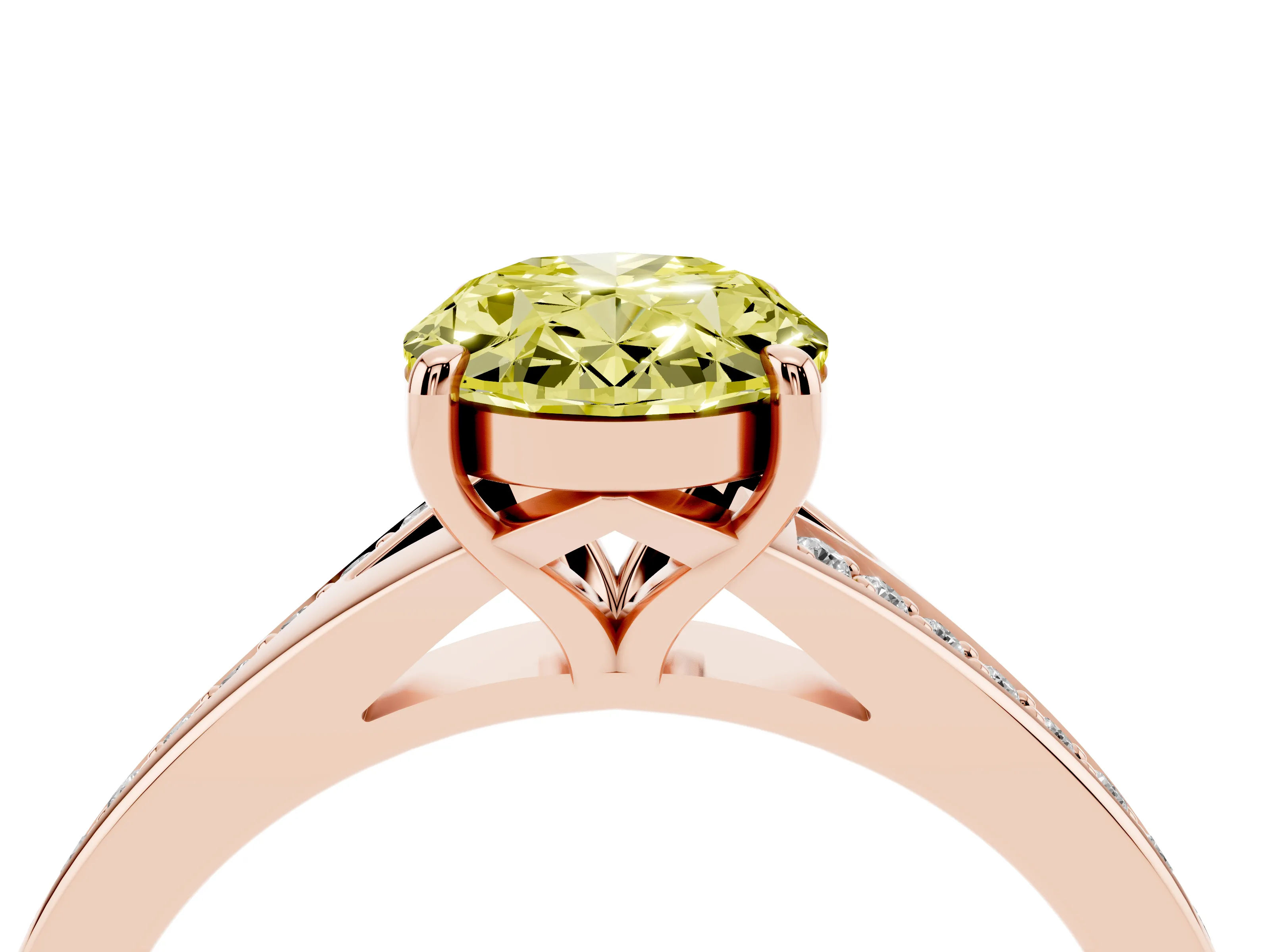 Fancy Yellow Oval Cut Diamond Solitaire Ring Set in Rose gold with Pavé Accent Band and Classic Prong Setting