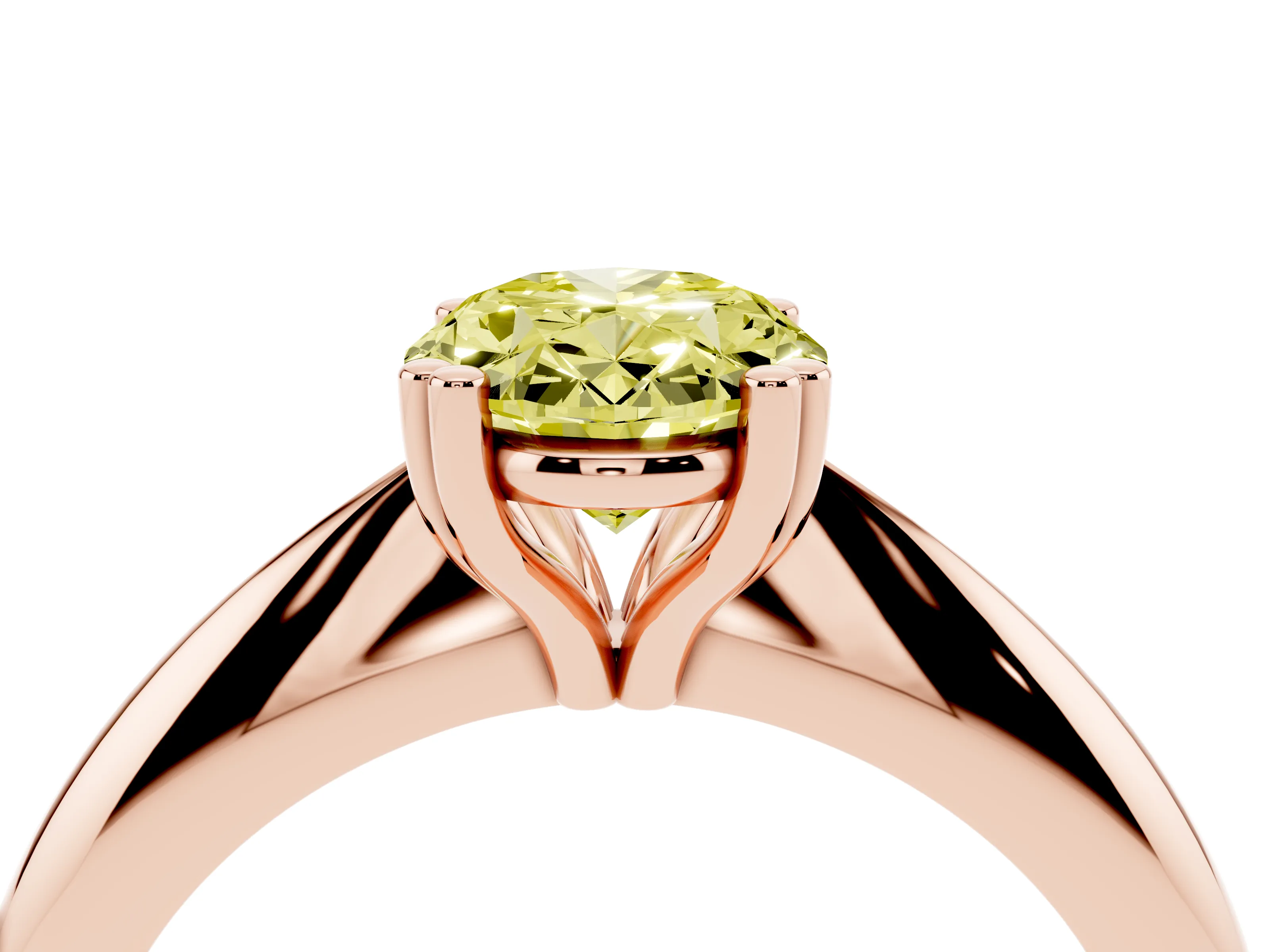Fancy Yellow Oval Cut Diamond Solitaire Engagement Ring Set in Rose gold with Tapered Band and Prong Setting