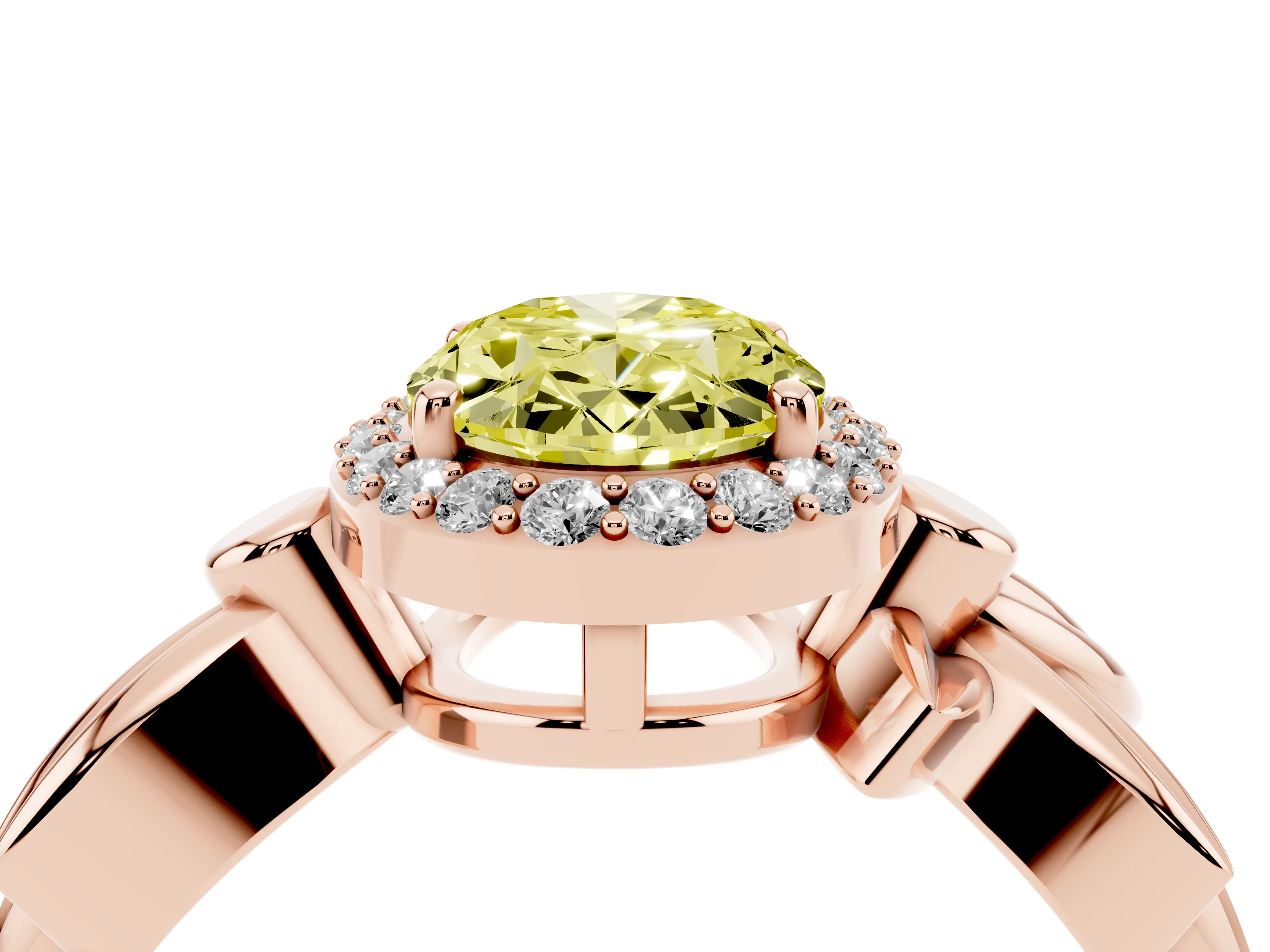 Fancy Yellow Oval Cut Diamond Halo Floral Band Ring Set in Rose gold with Prong Setting
