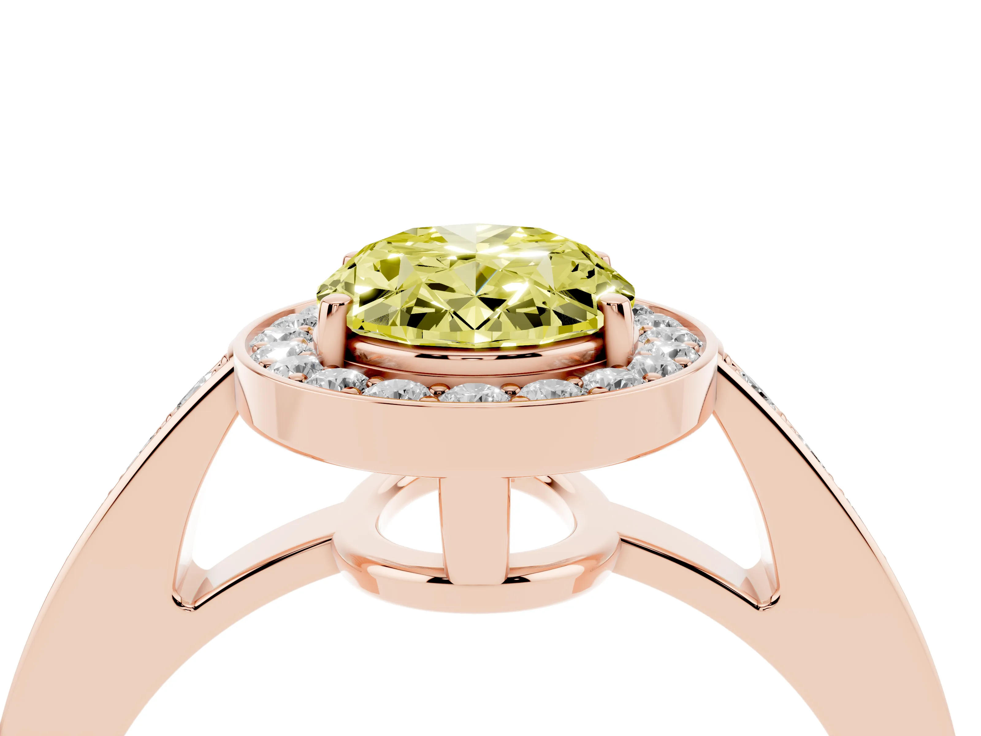 Fancy Yellow Oval Cut Diamond Halo Pavé Engagement Ring Set in Rose gold with Bezel Setting
