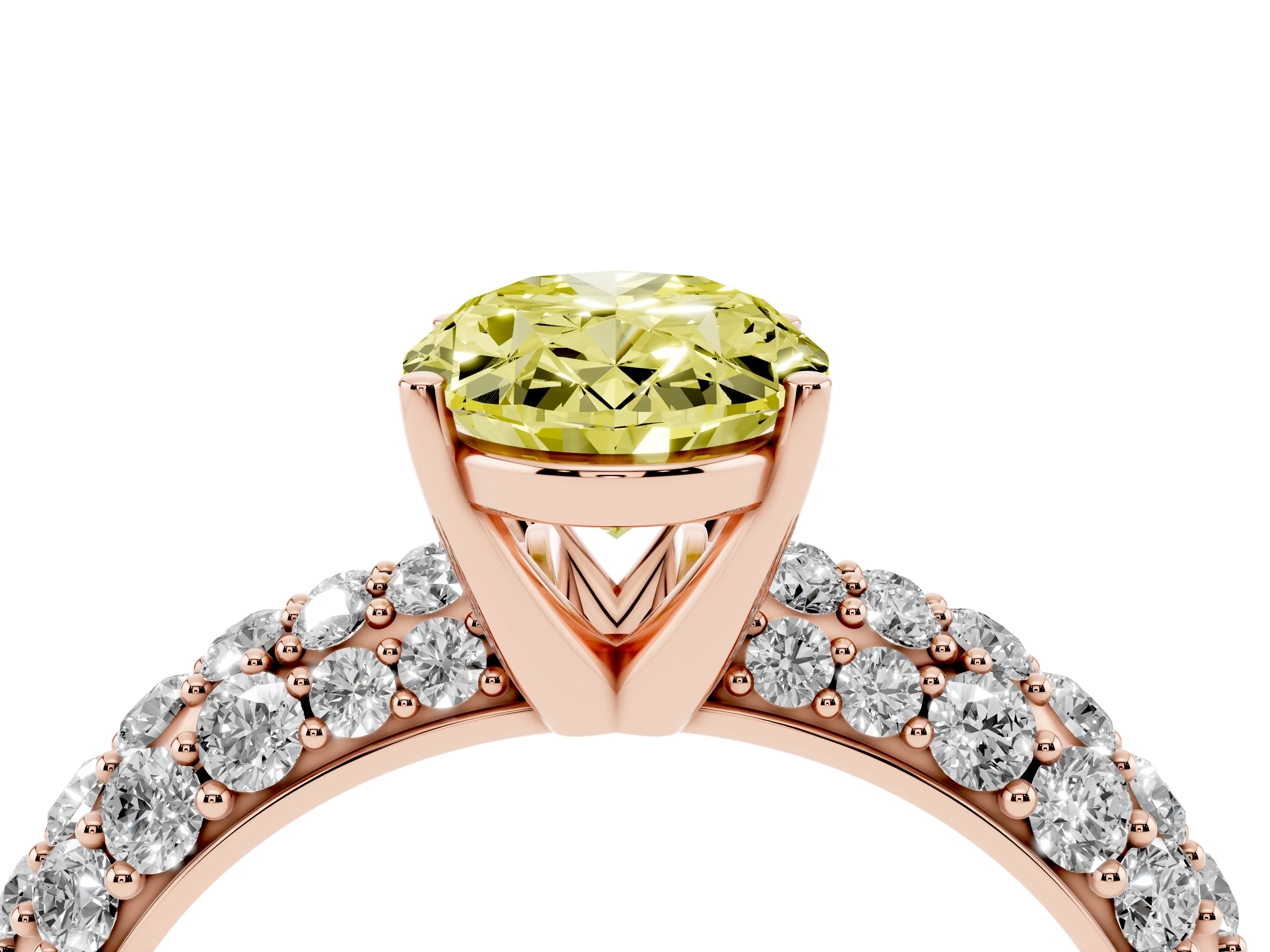 Fancy Yellow Oval Cut Diamond Pavé Band Solitaire Ring Set in Rose gold with Close-Set Accent Stones and Prong Setting