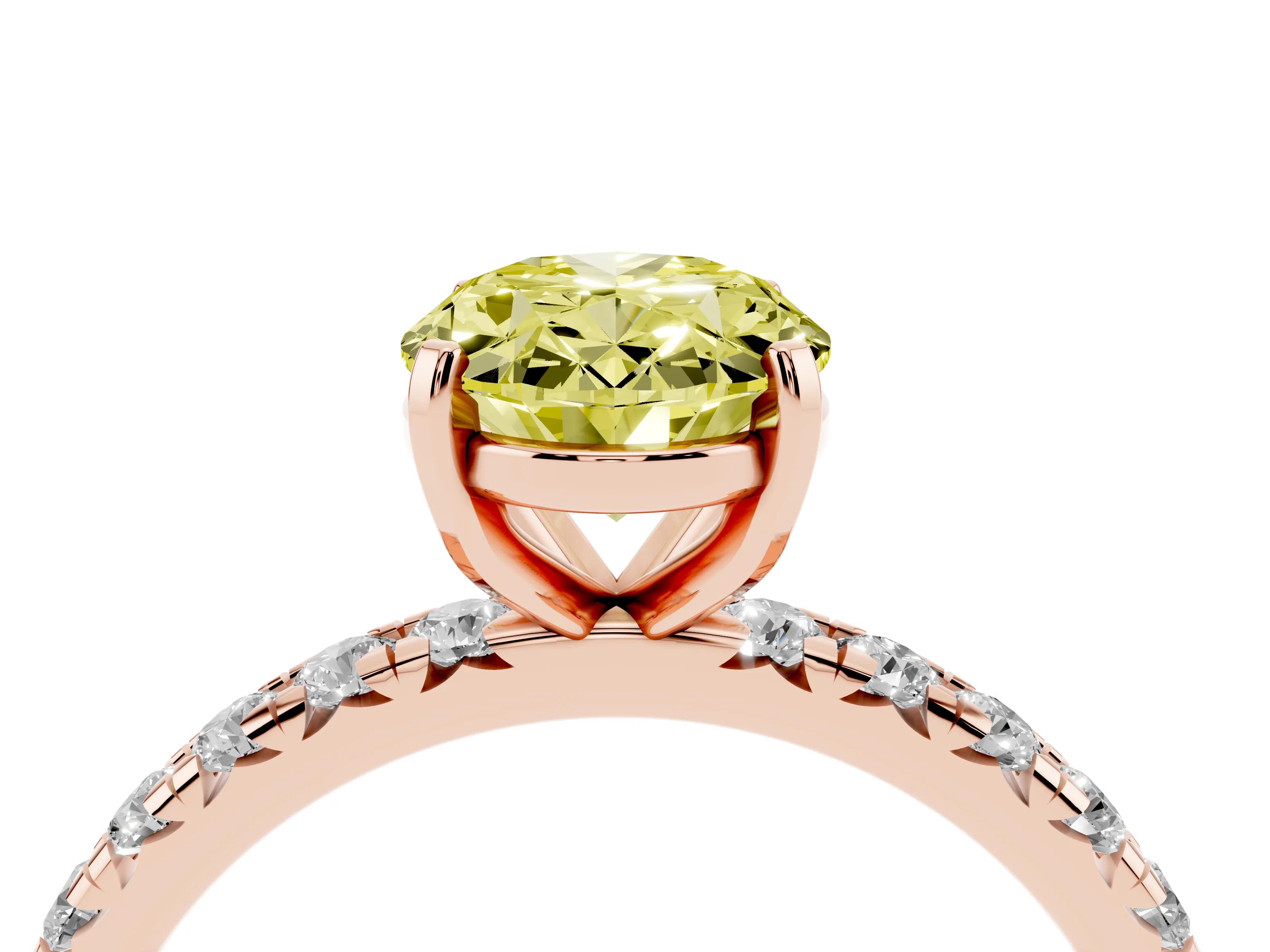 Fancy Yellow Oval Cut Diamond Pavé Solitaire Ring Set in Rose gold with Round Band and Prong Setting