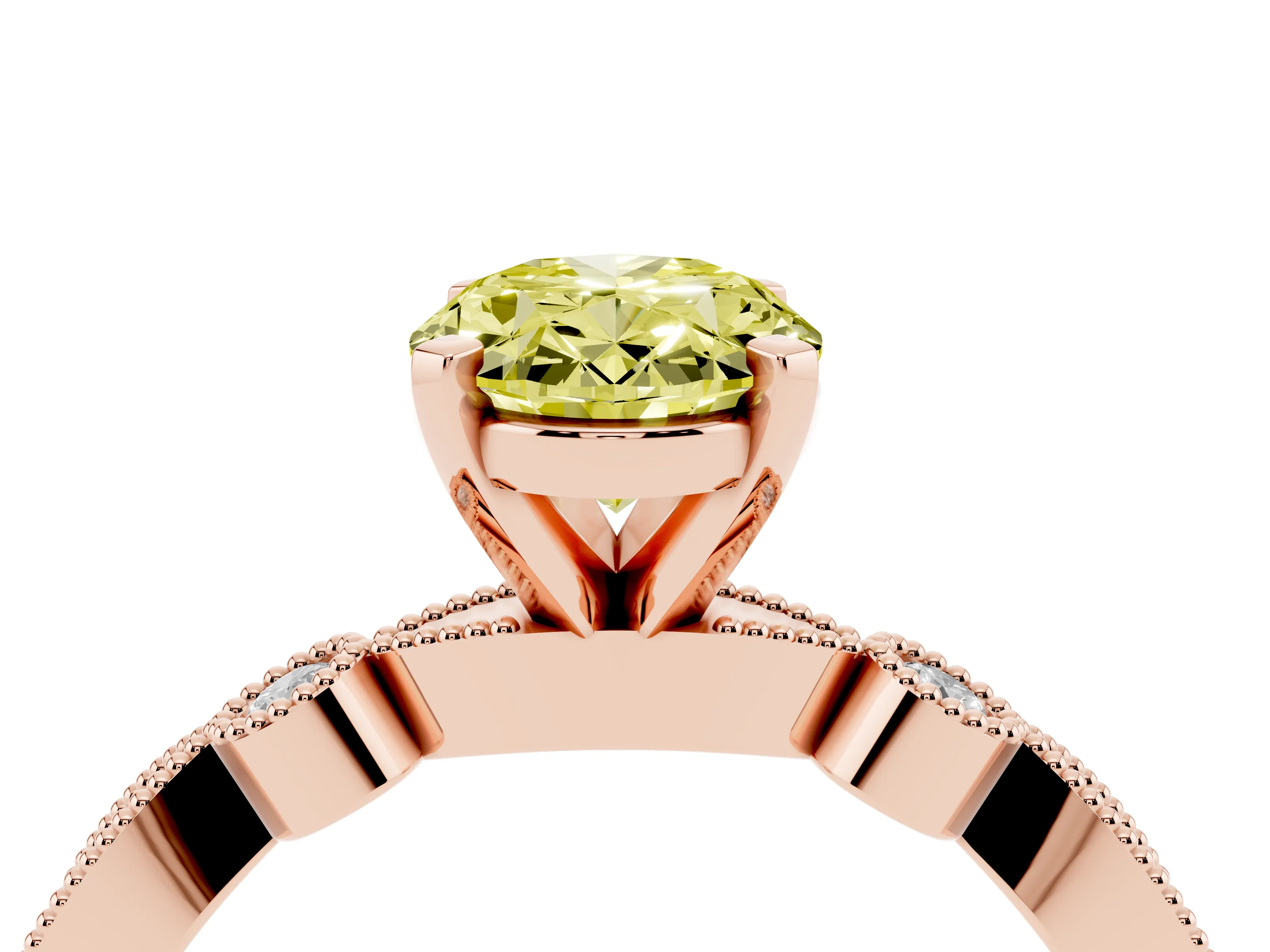 Fancy Yellow Oval Cut Diamond Solitaire Engagement Ring Set in Rose gold with Milgrain Bezel Accent Band