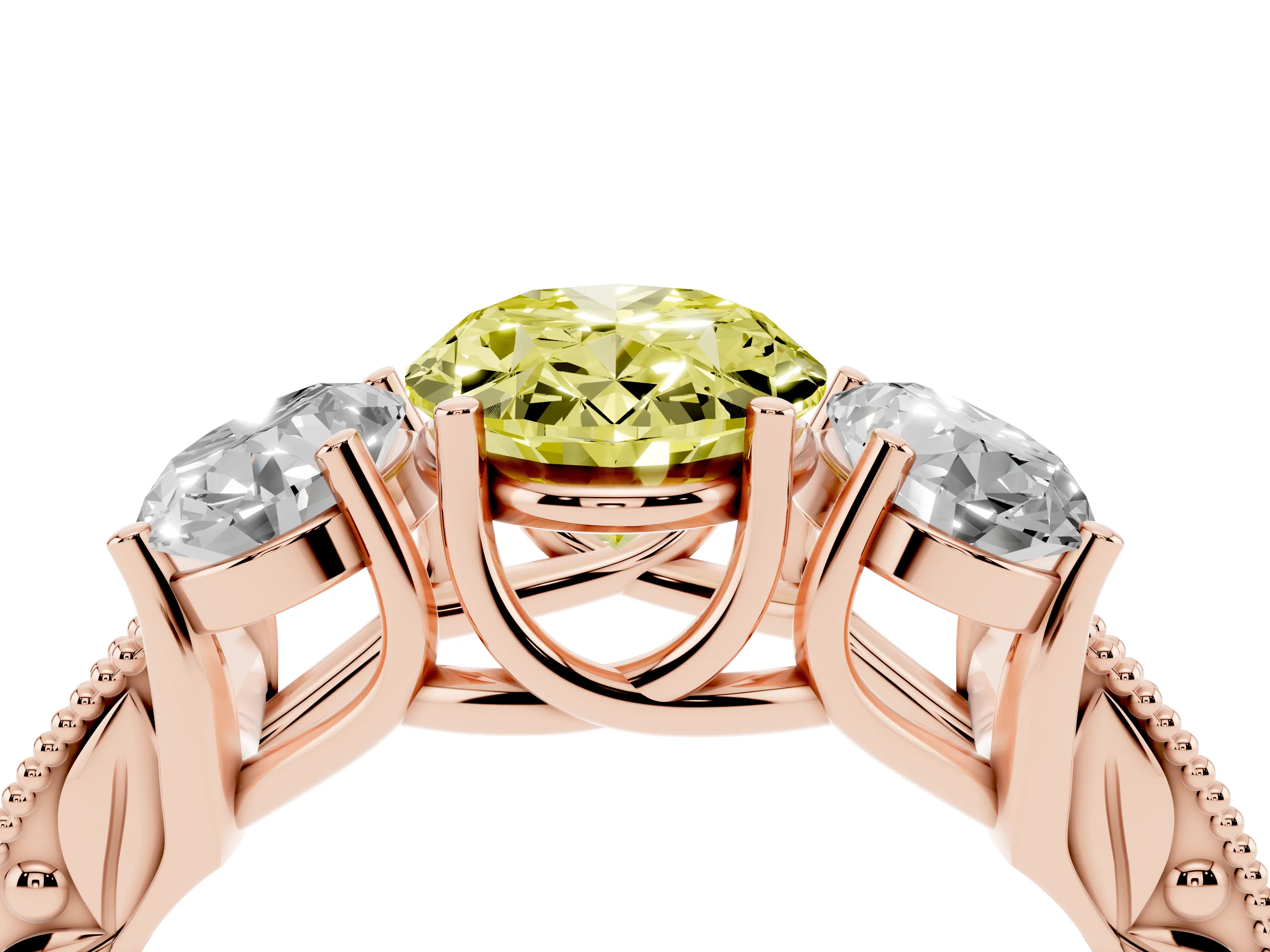 Fancy Yellow Oval Cut Diamond Three-Stone Engagement Ring Set in Rose gold with Milgrain Pavé Band